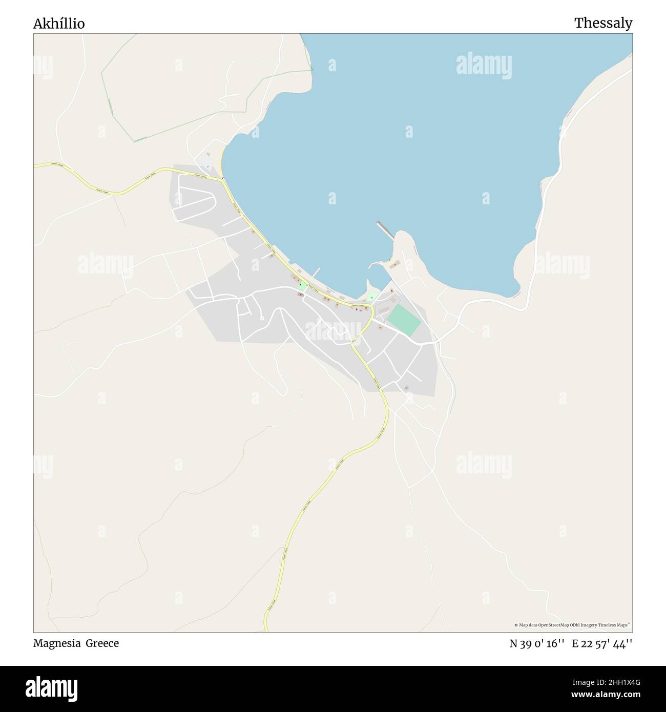 Akhíllio, Magnesia, Greece, Thessaly, N 39 0' 16'', E 22 57' 44'', map, Timeless Map published in 2021. Travelers, explorers and adventurers like Florence Nightingale, David Livingstone, Ernest Shackleton, Lewis and Clark and Sherlock Holmes relied on maps to plan travels to the world's most remote corners, Timeless Maps is mapping most locations on the globe, showing the achievement of great dreams Stock Photo