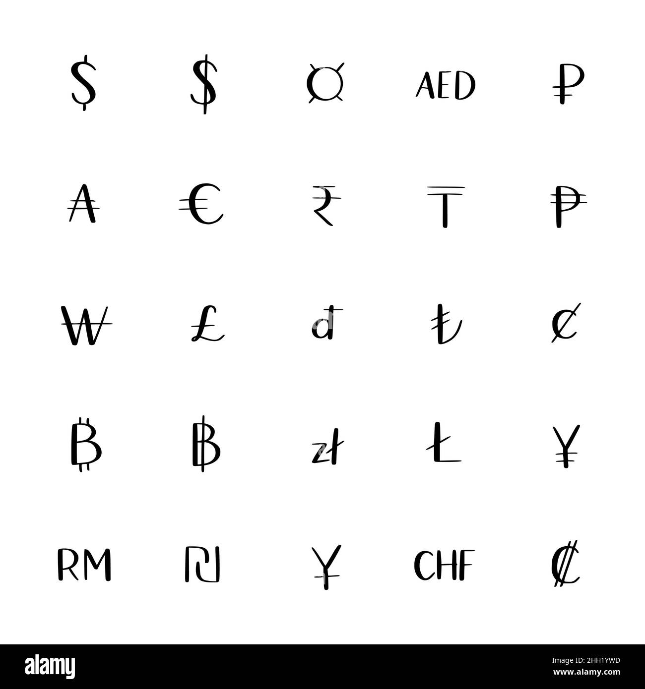 Currency symbols set. 25 main world currencies. Doodle icons Stock
