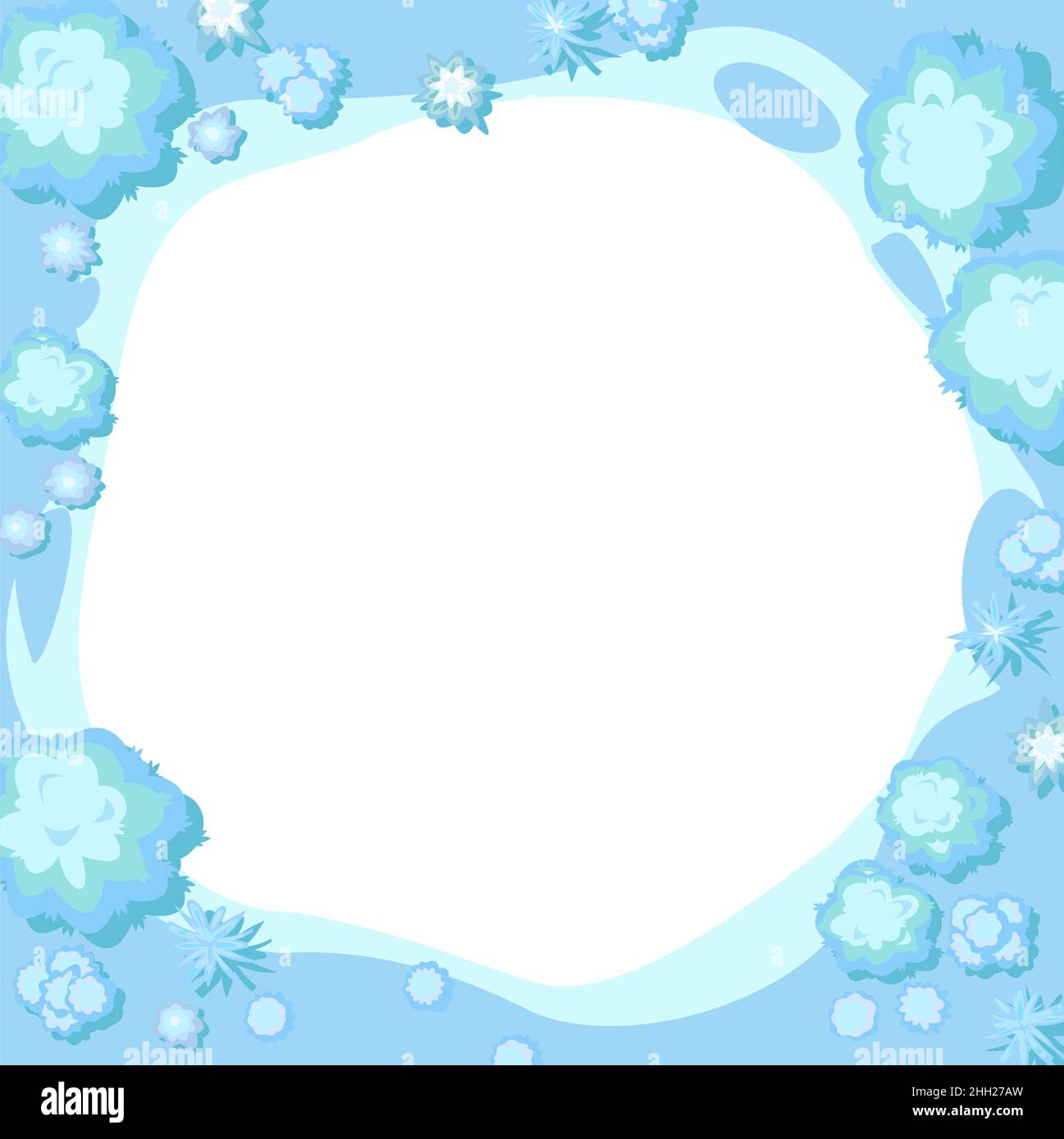 Winter landscape top view. Frame around edge of round image. Snowy frosty nature in cold season. From high. Drifts of snow. Illustration in cartoon st Stock Vector
