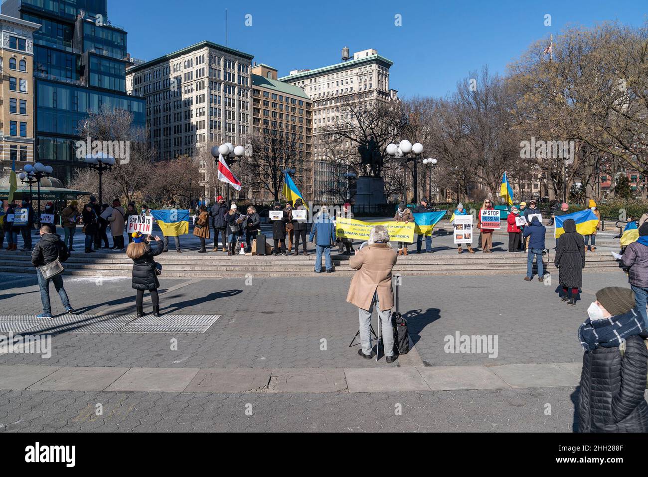 New York, United States. 22nd Jan, 2022. Protesters hold a Stand with Ukraine rally against Russian aggression on Union Square. Protesters held posters accusing Russia of crimes against Ukraine. They were also holding flags by Belarus and Georgia, symbolizing Russian interference with those countries. (Photo by Lev Radin/Pacific Press) Credit: Pacific Press Media Production Corp./Alamy Live News Stock Photo