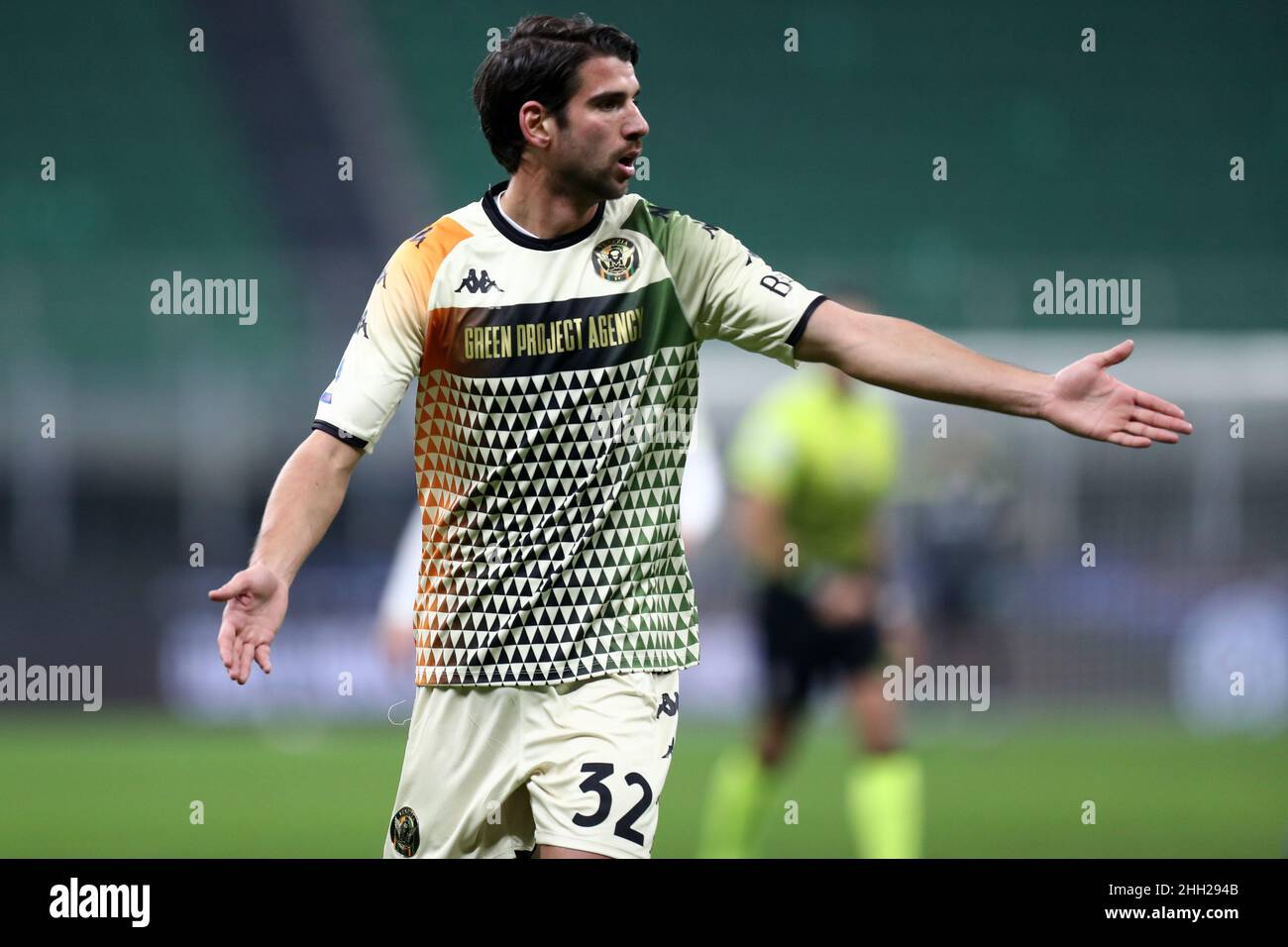 Pietro Ceccaroni of Venezia Fc  gestures during the Serie A match between Fc Internazionale and Venezia Fc at Stadio Giuseppe Meazza on January 22, 2022 in Milan, Italy. Stock Photo