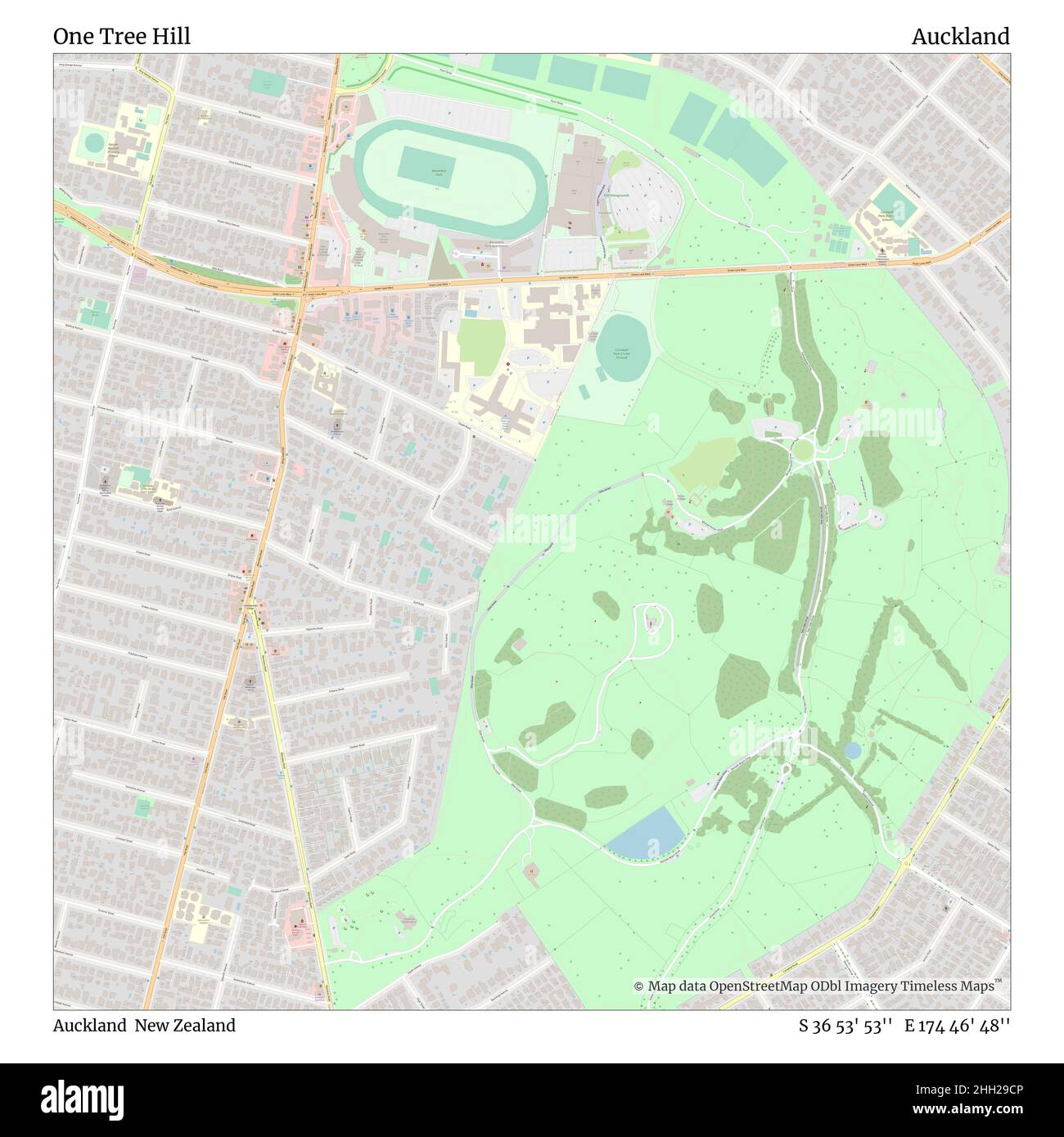 One Tree Hill, Auckland, New Zealand, Auckland, S 36 53' 53'', E 174 46' 48'', map, Timeless Map published in 2021. Travelers, explorers and adventurers like Florence Nightingale, David Livingstone, Ernest Shackleton, Lewis and Clark and Sherlock Holmes relied on maps to plan travels to the world's most remote corners, Timeless Maps is mapping most locations on the globe, showing the achievement of great dreams Stock Photo