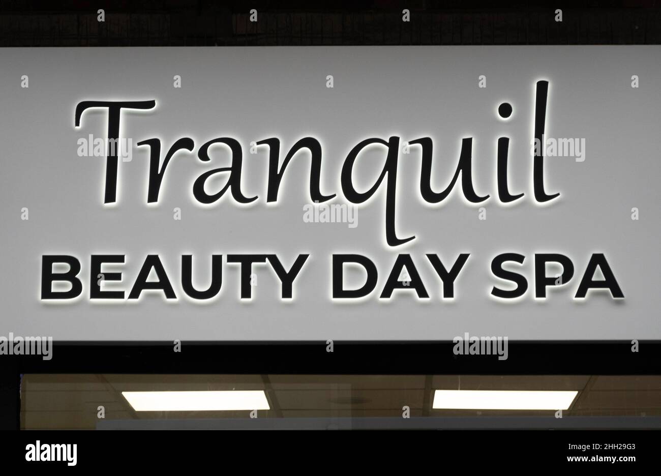 Tranquil sign above entrance to the beauty day spa in Liverpool Stock Photo