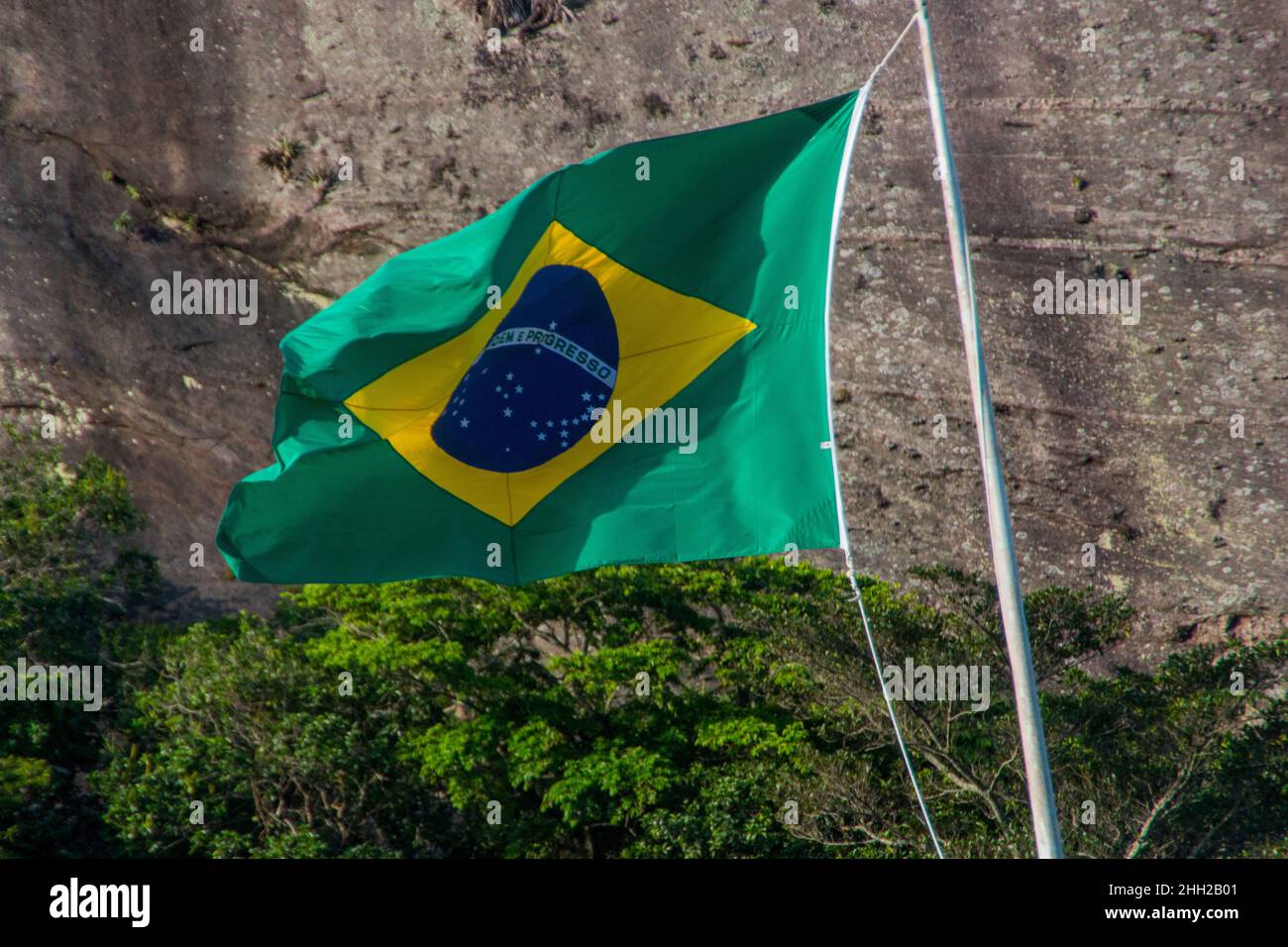 brazil flag outdoors in rio de janeiro. Stock Photo