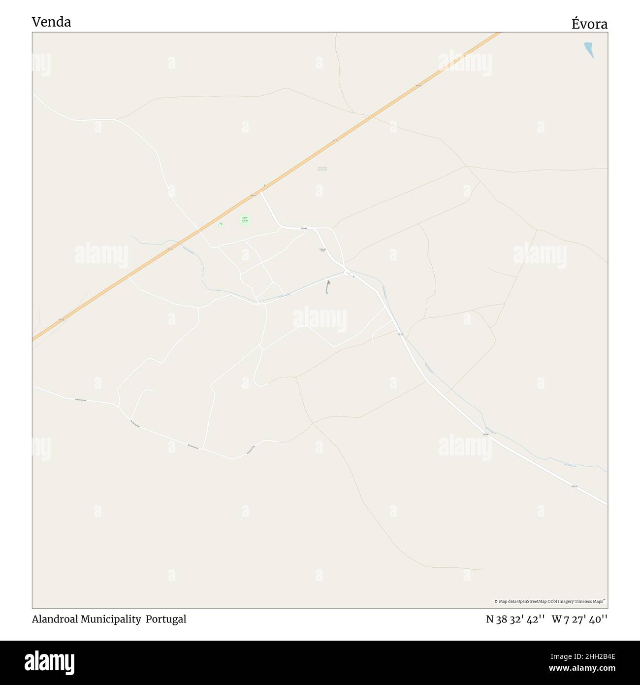 Venda, Alandroal Municipality, Portugal, Évora, N 38 32' 42'', W 7 27' 40'', map, Timeless Map published in 2021. Travelers, explorers and adventurers like Florence Nightingale, David Livingstone, Ernest Shackleton, Lewis and Clark and Sherlock Holmes relied on maps to plan travels to the world's most remote corners, Timeless Maps is mapping most locations on the globe, showing the achievement of great dreams Stock Photo
