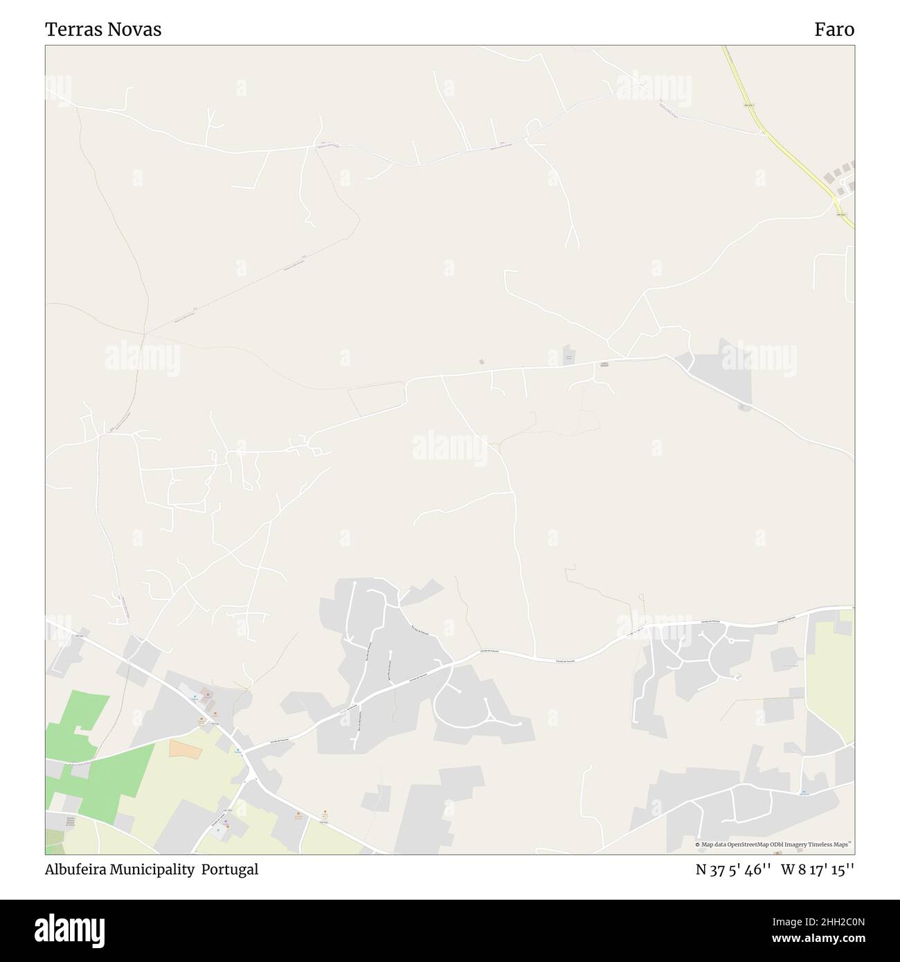 Terras Novas, Albufeira Municipality, Portugal, Faro, N 37 5' 46'', W 8 17' 15'', map, Timeless Map published in 2021. Travelers, explorers and adventurers like Florence Nightingale, David Livingstone, Ernest Shackleton, Lewis and Clark and Sherlock Holmes relied on maps to plan travels to the world's most remote corners, Timeless Maps is mapping most locations on the globe, showing the achievement of great dreams Stock Photo