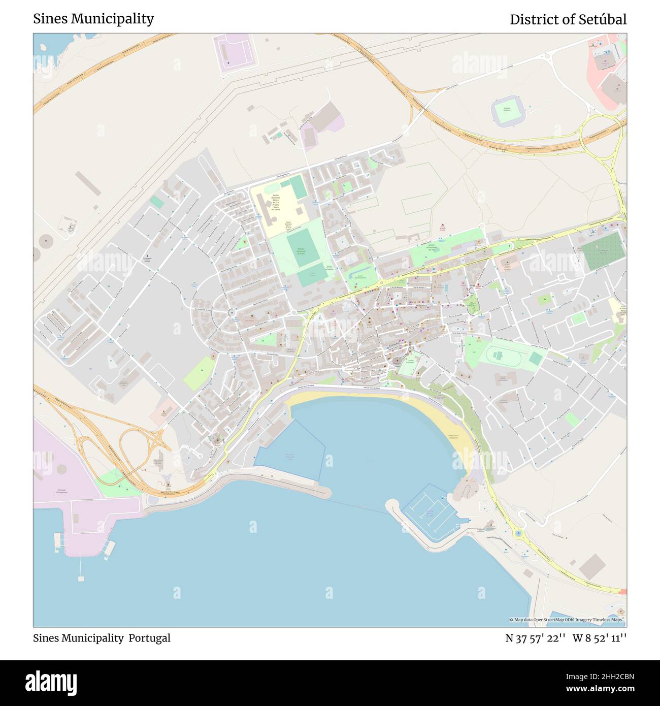 Sines Municipality, Sines Municipality, Portugal, District of Setúbal, N 37 57' 22'', W 8 52' 11'', map, Timeless Map published in 2021. Travelers, explorers and adventurers like Florence Nightingale, David Livingstone, Ernest Shackleton, Lewis and Clark and Sherlock Holmes relied on maps to plan travels to the world's most remote corners, Timeless Maps is mapping most locations on the globe, showing the achievement of great dreams Stock Photo