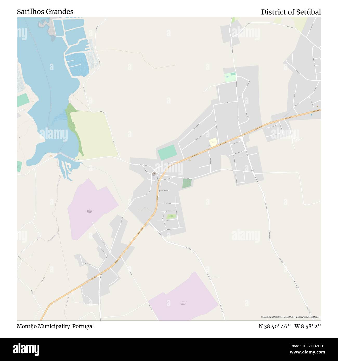 Sarilhos Grandes, Montijo Municipality, Portugal, District of Setúbal, N 38 40' 46'', W 8 58' 2'', map, Timeless Map published in 2021. Travelers, explorers and adventurers like Florence Nightingale, David Livingstone, Ernest Shackleton, Lewis and Clark and Sherlock Holmes relied on maps to plan travels to the world's most remote corners, Timeless Maps is mapping most locations on the globe, showing the achievement of great dreams Stock Photo