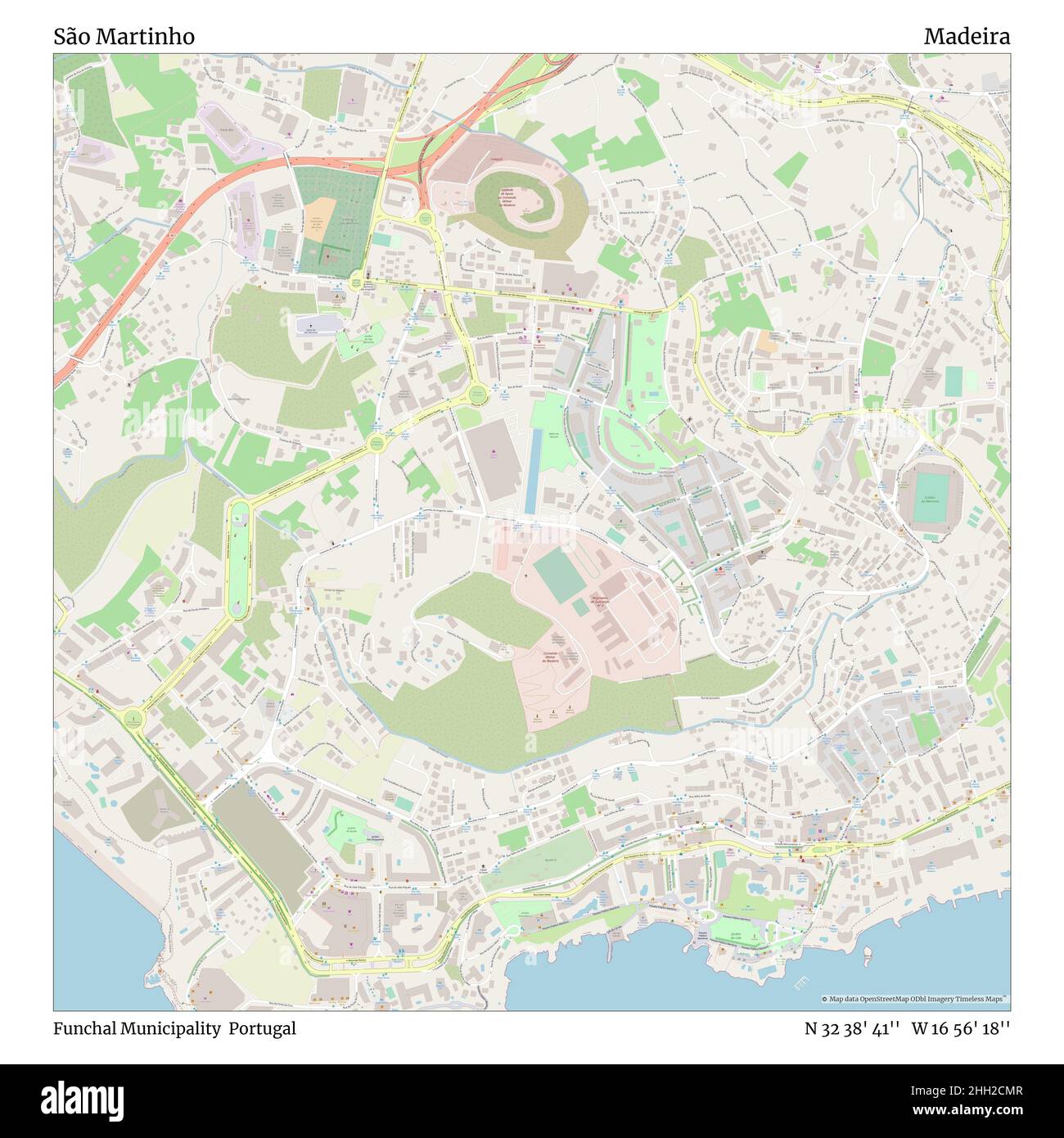 São Martinho, Funchal Municipality, Portugal, Madeira, N 32 38' 41'', W 16 56' 18'', map, Timeless Map published in 2021. Travelers, explorers and adventurers like Florence Nightingale, David Livingstone, Ernest Shackleton, Lewis and Clark and Sherlock Holmes relied on maps to plan travels to the world's most remote corners, Timeless Maps is mapping most locations on the globe, showing the achievement of great dreams Stock Photo