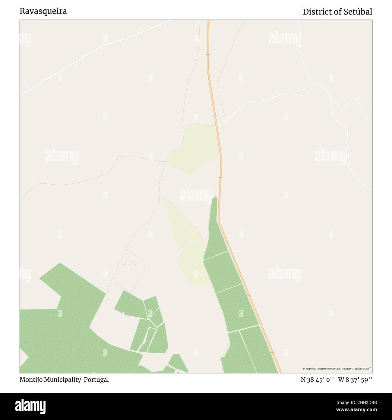 Ravasqueira, Montijo Municipality, Portugal, District of Setúbal, N 38 45' 0'', W 8 37' 59'', map, Timeless Map published in 2021. Travelers, explorers and adventurers like Florence Nightingale, David Livingstone, Ernest Shackleton, Lewis and Clark and Sherlock Holmes relied on maps to plan travels to the world's most remote corners, Timeless Maps is mapping most locations on the globe, showing the achievement of great dreams Stock Photo