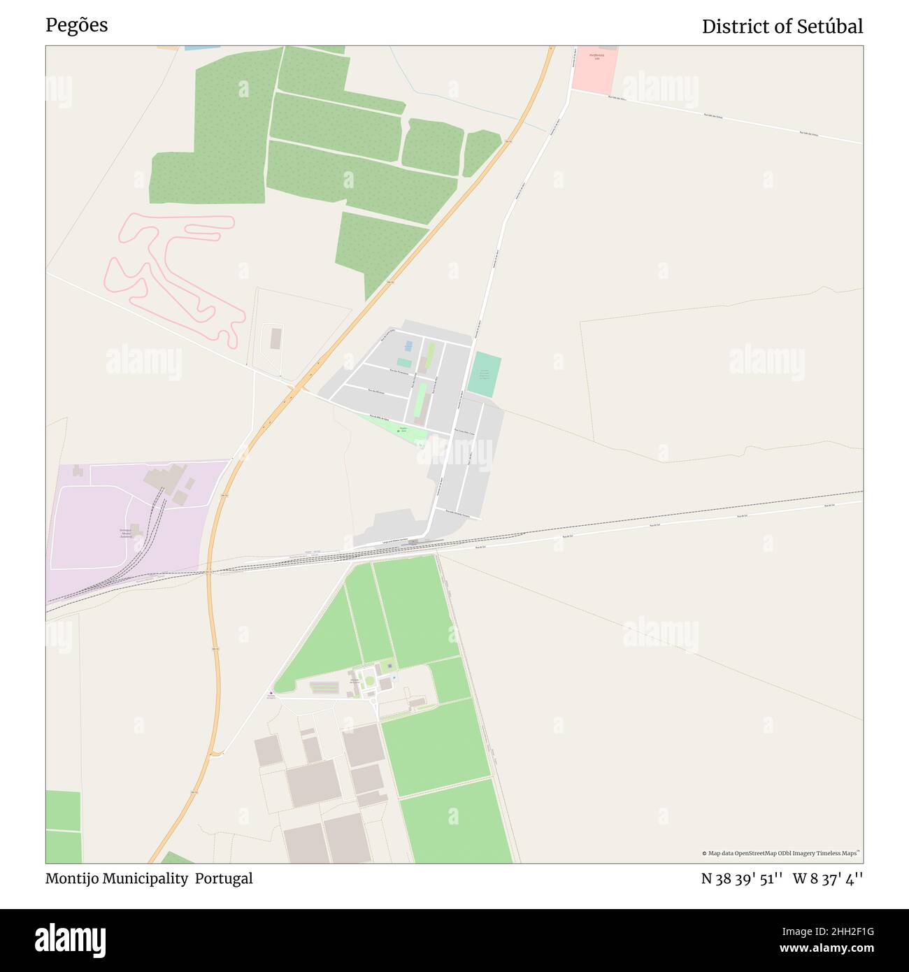 Pegões, Montijo Municipality, Portugal, District of Setúbal, N 38 39' 51'', W 8 37' 4'', map, Timeless Map published in 2021. Travelers, explorers and adventurers like Florence Nightingale, David Livingstone, Ernest Shackleton, Lewis and Clark and Sherlock Holmes relied on maps to plan travels to the world's most remote corners, Timeless Maps is mapping most locations on the globe, showing the achievement of great dreams Stock Photo