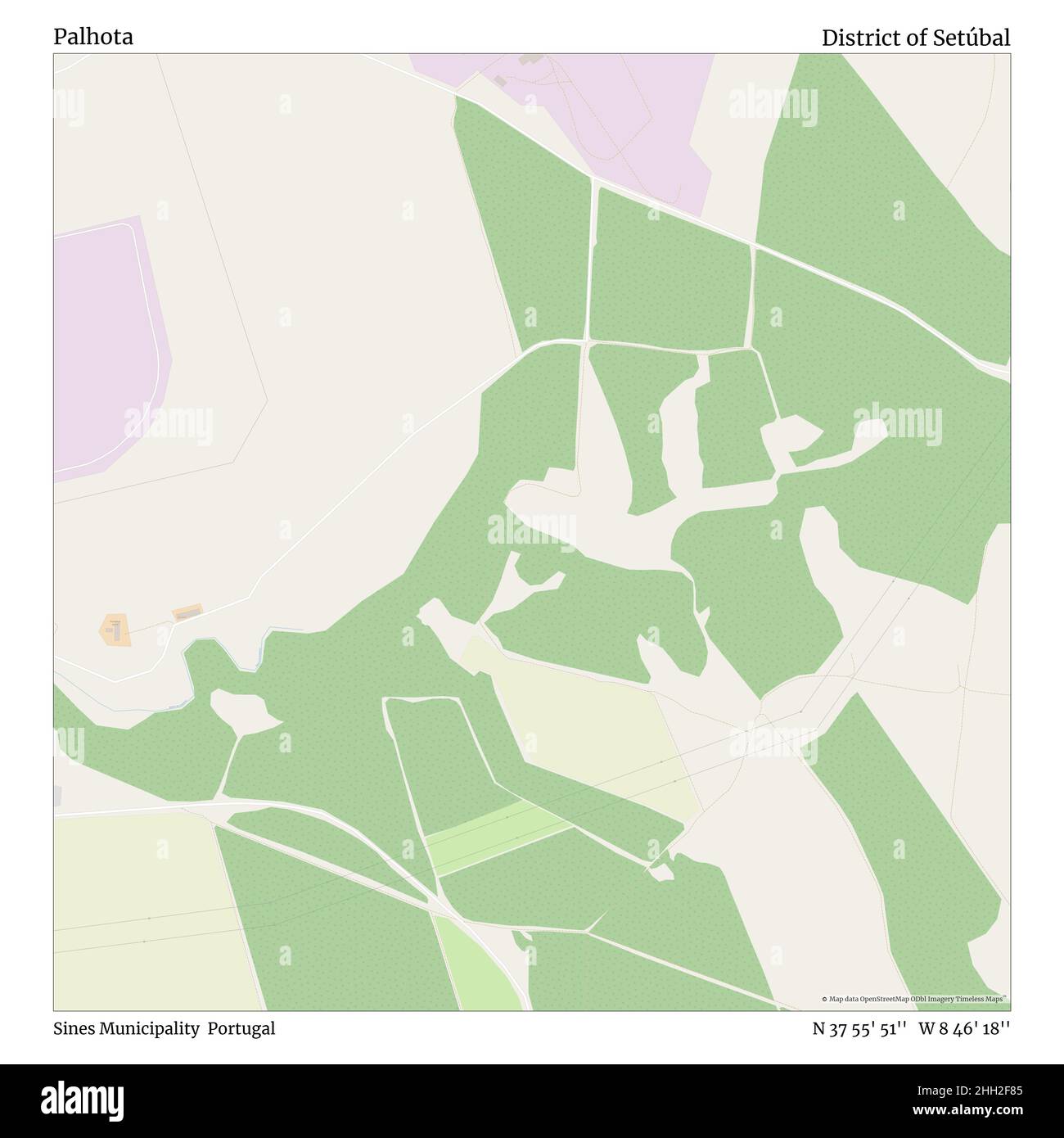 Palhota, Sines Municipality, Portugal, District of Setúbal, N 37 55' 51'', W 8 46' 18'', map, Timeless Map published in 2021. Travelers, explorers and adventurers like Florence Nightingale, David Livingstone, Ernest Shackleton, Lewis and Clark and Sherlock Holmes relied on maps to plan travels to the world's most remote corners, Timeless Maps is mapping most locations on the globe, showing the achievement of great dreams Stock Photo