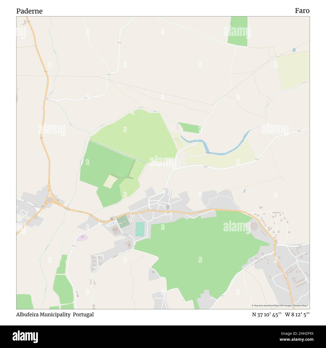 Paderne, Albufeira Municipality, Portugal, Faro, N 37 10' 45'', W 8 12' 5'', map, Timeless Map published in 2021. Travelers, explorers and adventurers like Florence Nightingale, David Livingstone, Ernest Shackleton, Lewis and Clark and Sherlock Holmes relied on maps to plan travels to the world's most remote corners, Timeless Maps is mapping most locations on the globe, showing the achievement of great dreams Stock Photo