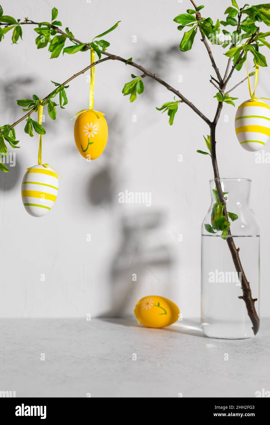 tree branches with easter painted eggs on gray background Stock Photo
