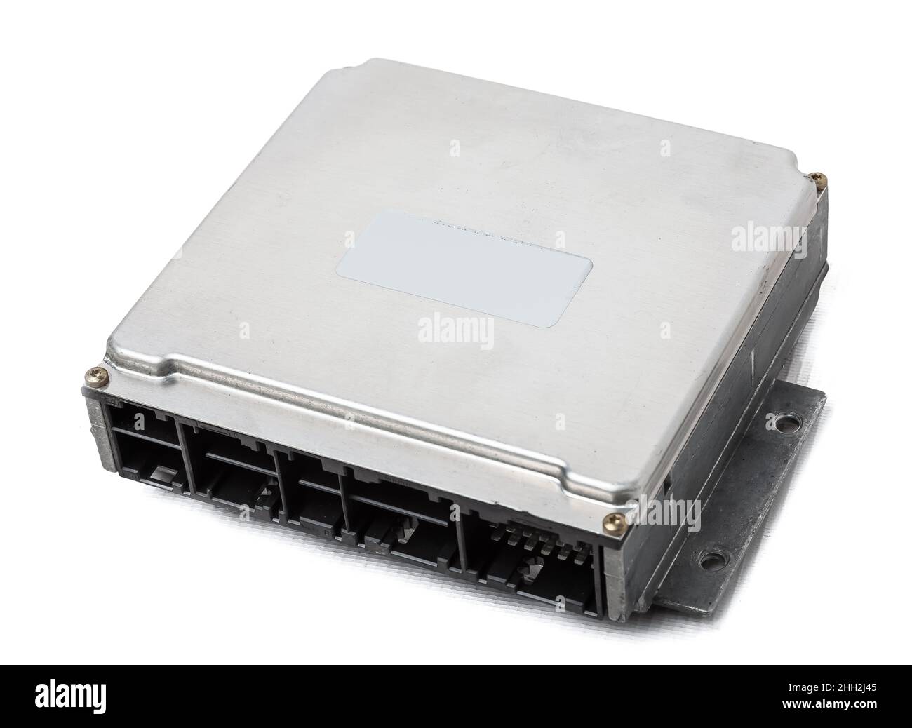 Metallic car engine control unit with plastic elements on a white