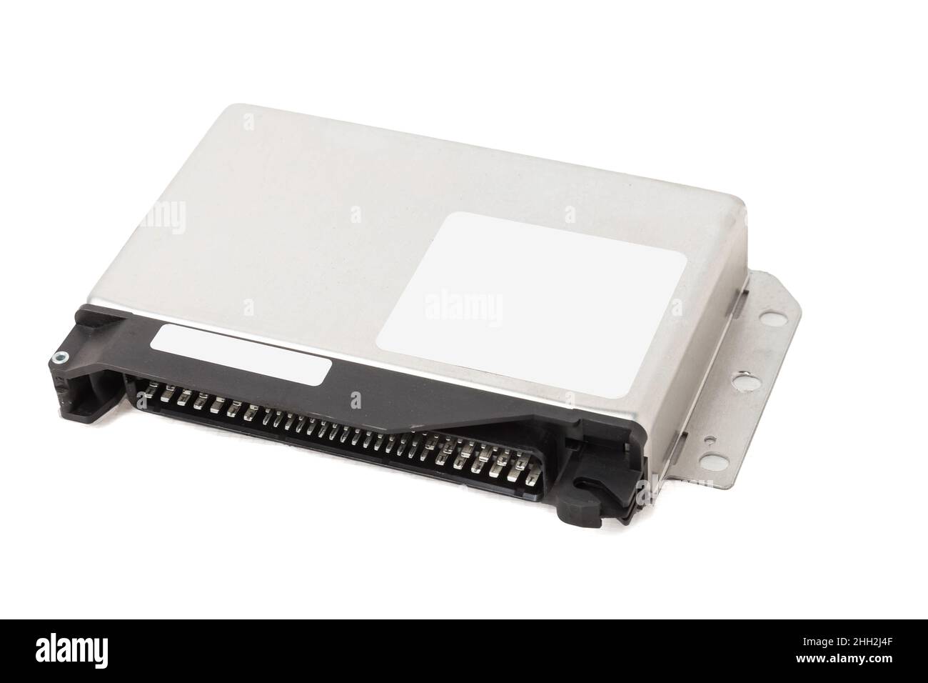 Metallic car engine control unit with plastic elements on a white