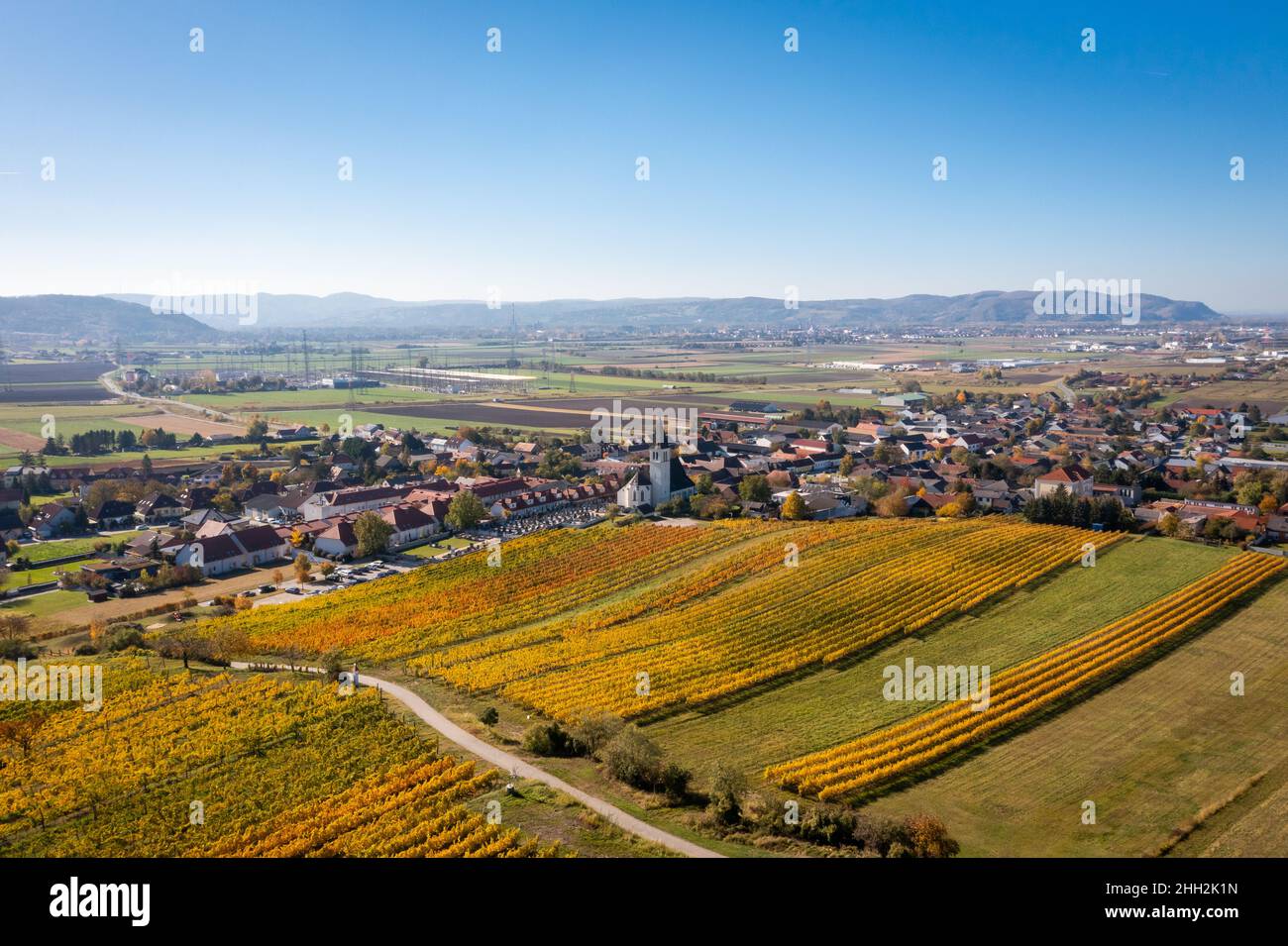 Stetten in the Korneuburg district. Aerial view of the beautiful village in the Lower Austria Weinviertel region. Stock Photo