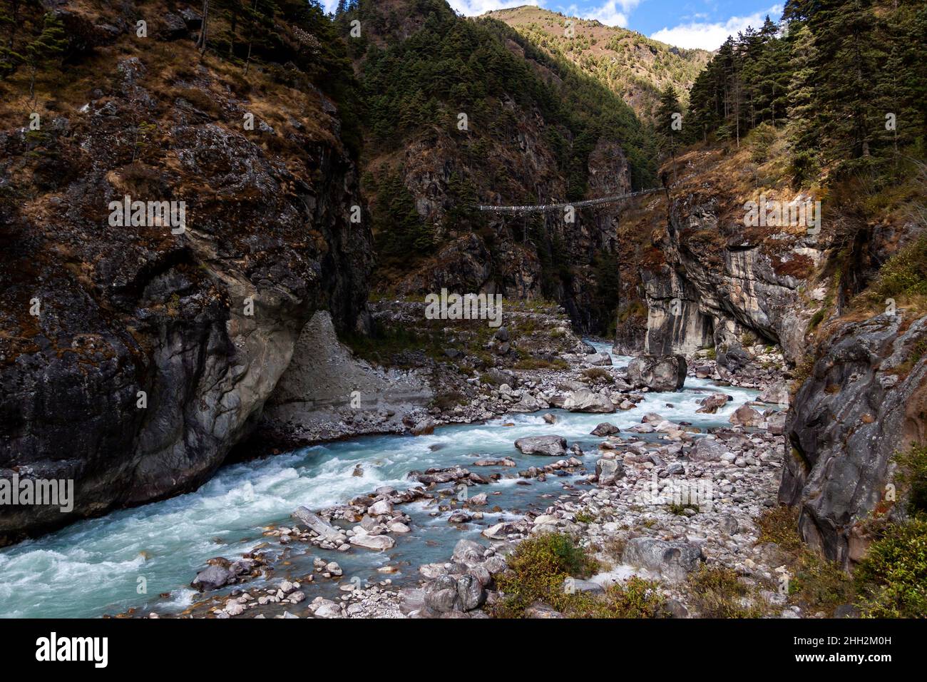 view of the spectacular Hillary Bridge in Nepal Stock Photo