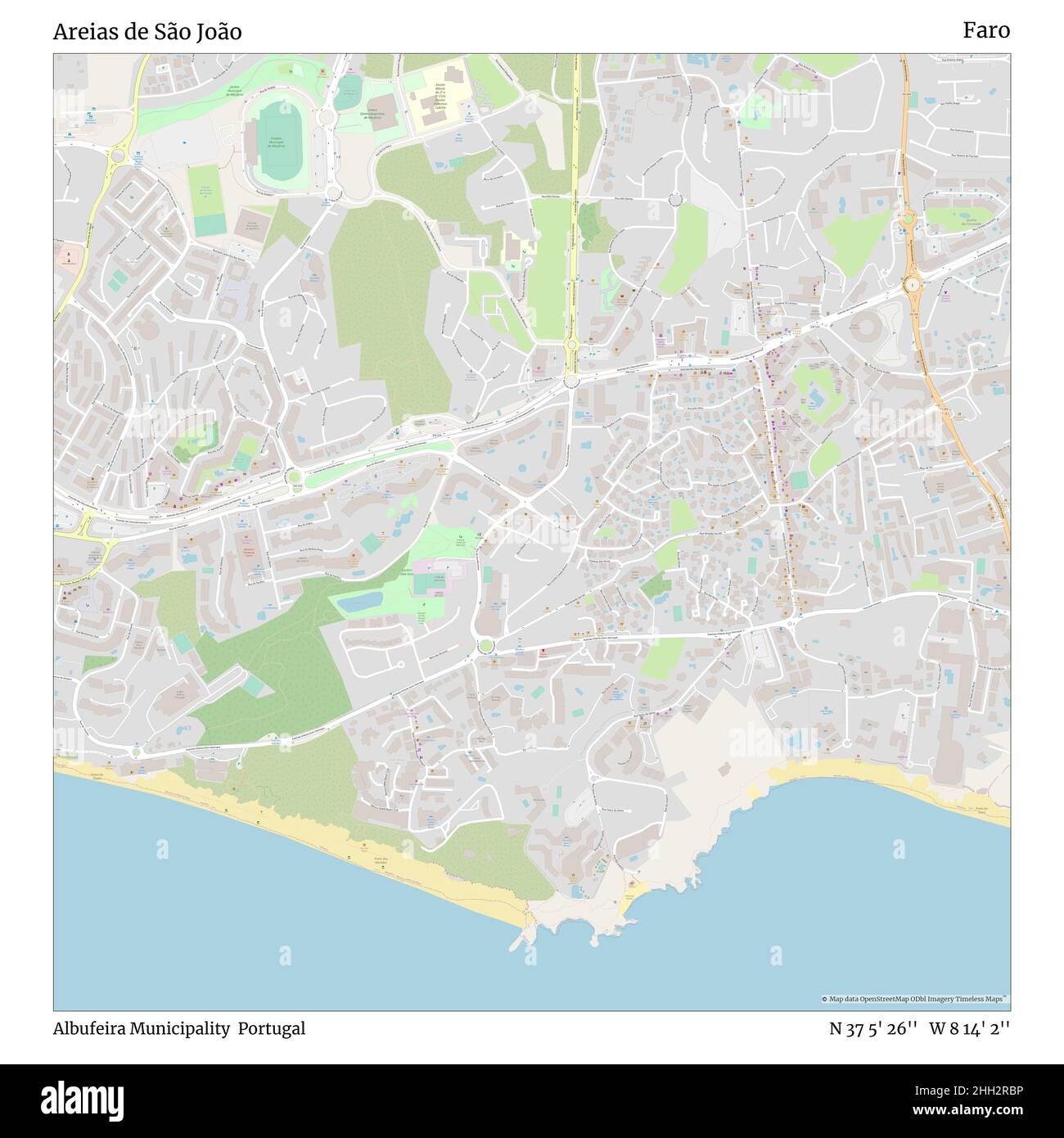 Areias de São João, Albufeira Municipality, Portugal, Faro, N 37 5' 26'', W 8 14' 2'', map, Timeless Map published in 2021. Travelers, explorers and adventurers like Florence Nightingale, David Livingstone, Ernest Shackleton, Lewis and Clark and Sherlock Holmes relied on maps to plan travels to the world's most remote corners, Timeless Maps is mapping most locations on the globe, showing the achievement of great dreams Stock Photo