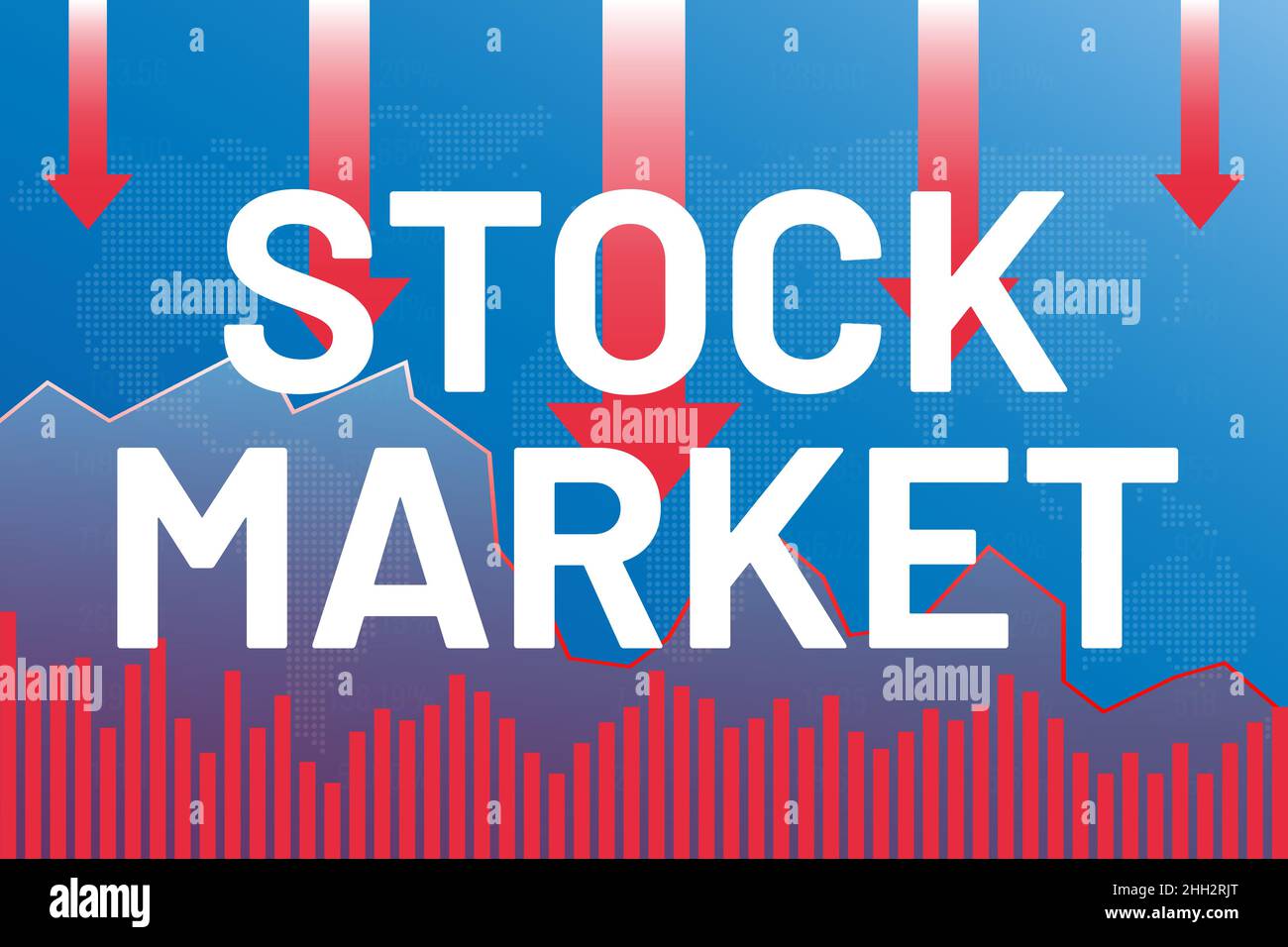 The fall in the value of assets in the financial market. Text Stock market on blue and red finance background. Crisis concept Stock Vector