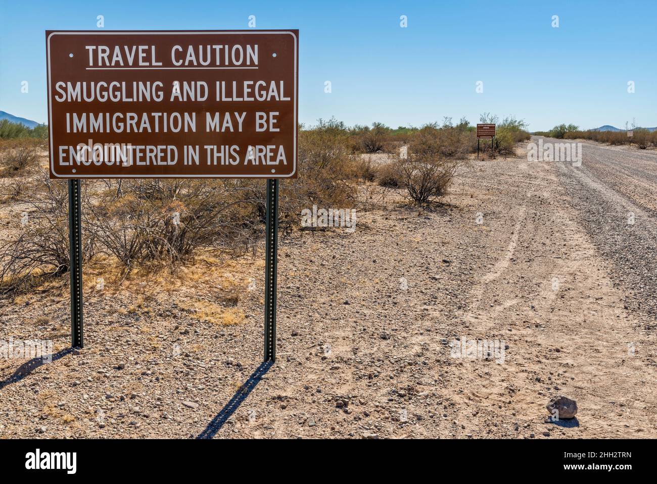 Warning sign at Vekol Valley Road, Sonoran Desert National Monument, Arizona, USA Stock Photo
