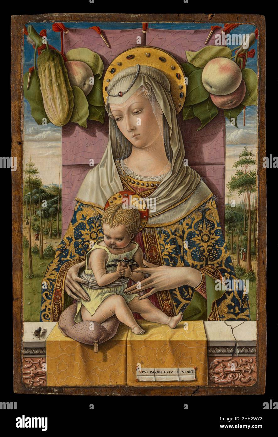 Madonna and Child ca. 1480 Carlo Crivelli Italian This perfectly preserved work is one of the artist's most exquisite pictures. Flemish painting may have inspired the remarkable precision of detail in the background, where turbaned figures (infidels) stroll. Trompe-l’oeil details are played against the doll-like prettiness of the Virgin. The apples and fly are symbols of sin and evil and are opposed to the cucumber and the goldfinch, symbols of redemption. Crivelli’s signature is on what looks like a piece of paper attached to the watered-silk cloth with wax. Listen to experts illuminate this Stock Photo