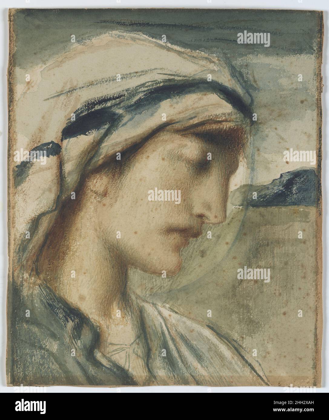 Figure with Head Scarf 1890–1905 Simeon Solomon This androgynous figure may represent King David, the Old Testament figure whose love for Jonathan the artist saw as a legitimizing model for love between men. The style and iconography here respond to the artist's own 1871 prose poem, 'A Vision of Love Revealed in Sleep,' where a narrator and his soul journey through a landscape in a dream state, experiencing visions that relate to forms and conditions of love. In a series of related late works, Solomon represented one or two heads in profile using a style that moves away from the Pre-Raphaeliti Stock Photo