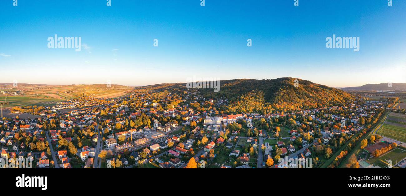 Bisamberg in the Korneuburg district. Weinviertel region in Austria. Panorama view to the town and hill close to Vienna. Stock Photo