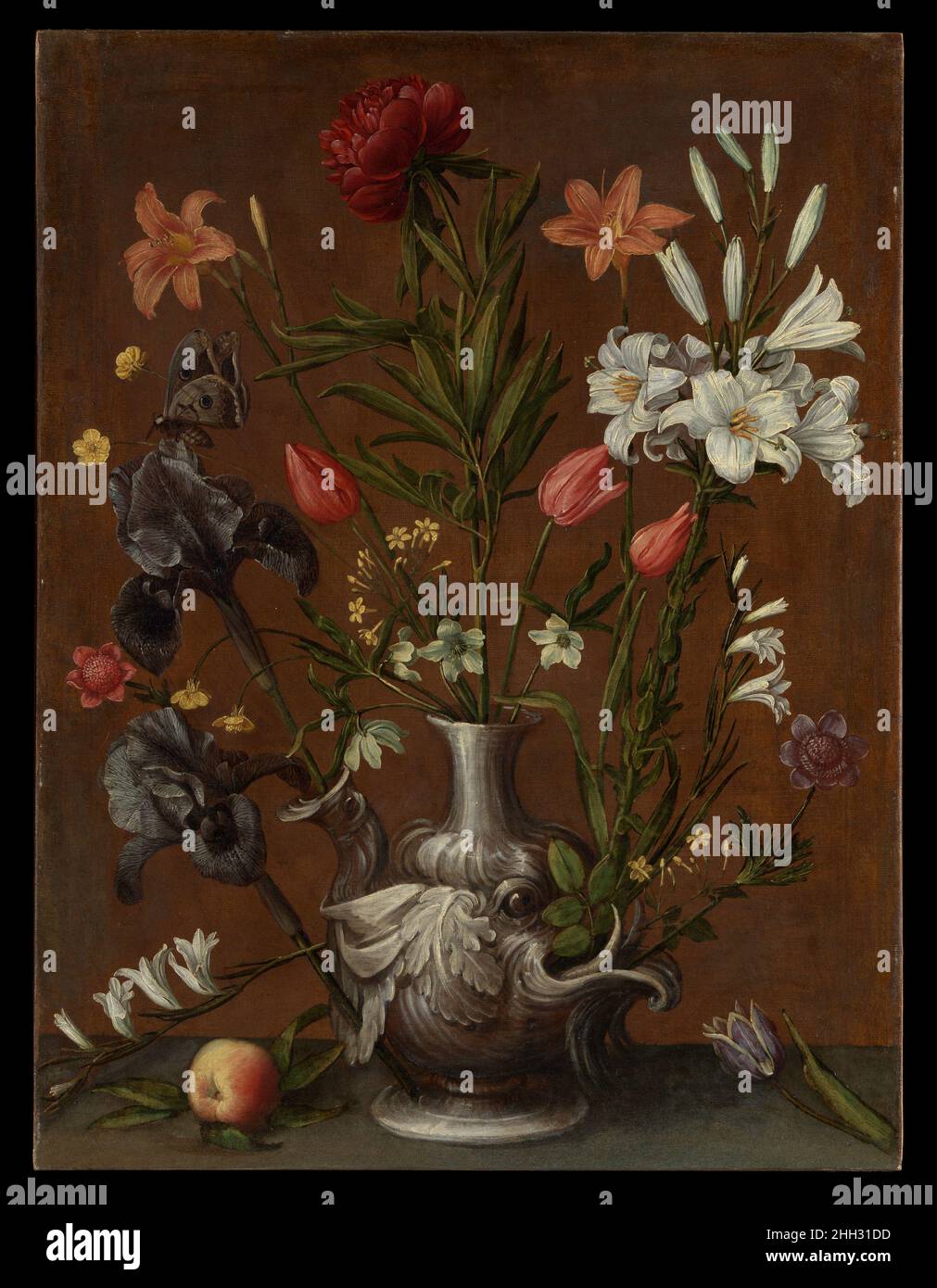 Flowers in a Grotesque Vase ca. 1635 Orsola Maddalena Caccia Orsola Maddalena Caccia ran a painting studio that supported a convent at Moncalvo founded by her father, the painter Guglielmo Caccia (1568–1625). The strongly individuated elements evenly distributed across a monochrome background result in a captivating effect of surface pattern. These features were well suited to religious meditation and were probably derived from her study of Northern European botanical prints.. Flowers in a Grotesque Vase. Orsola Maddalena Caccia (Italian, Moncalvo 1596–1676 Moncalvo). ca. 1635. Oil on canvas. Stock Photo