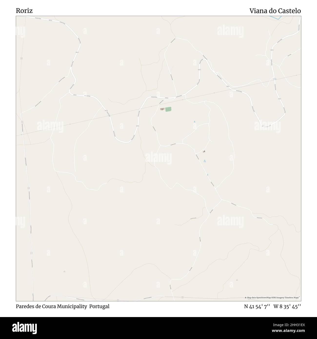 Roriz, Paredes de Coura Municipality, Portugal, Viana do Castelo, N 41 54' 7'', W 8 35' 45'', map, Timeless Map published in 2021. Travelers, explorers and adventurers like Florence Nightingale, David Livingstone, Ernest Shackleton, Lewis and Clark and Sherlock Holmes relied on maps to plan travels to the world's most remote corners, Timeless Maps is mapping most locations on the globe, showing the achievement of great dreams Stock Photo