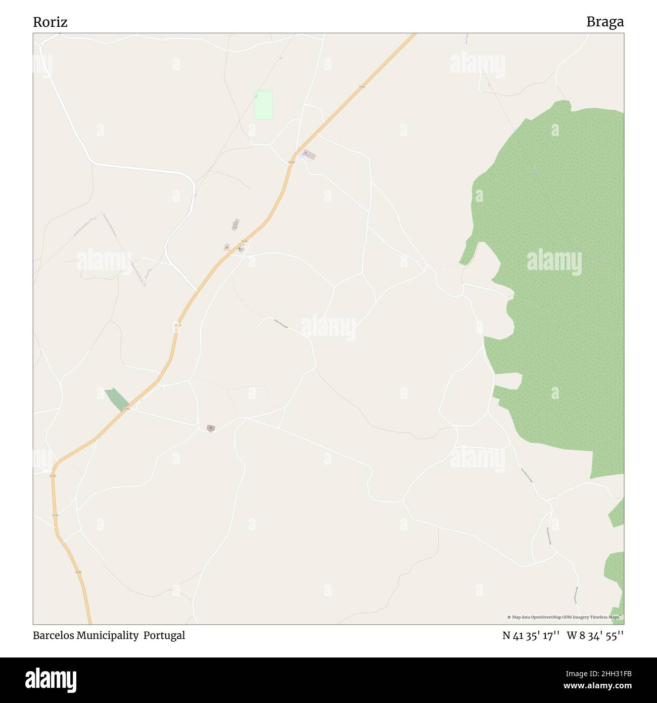 Roriz, Barcelos Municipality, Portugal, Braga, N 41 35' 17'', W 8 34' 55'', map, Timeless Map published in 2021. Travelers, explorers and adventurers like Florence Nightingale, David Livingstone, Ernest Shackleton, Lewis and Clark and Sherlock Holmes relied on maps to plan travels to the world's most remote corners, Timeless Maps is mapping most locations on the globe, showing the achievement of great dreams Stock Photo