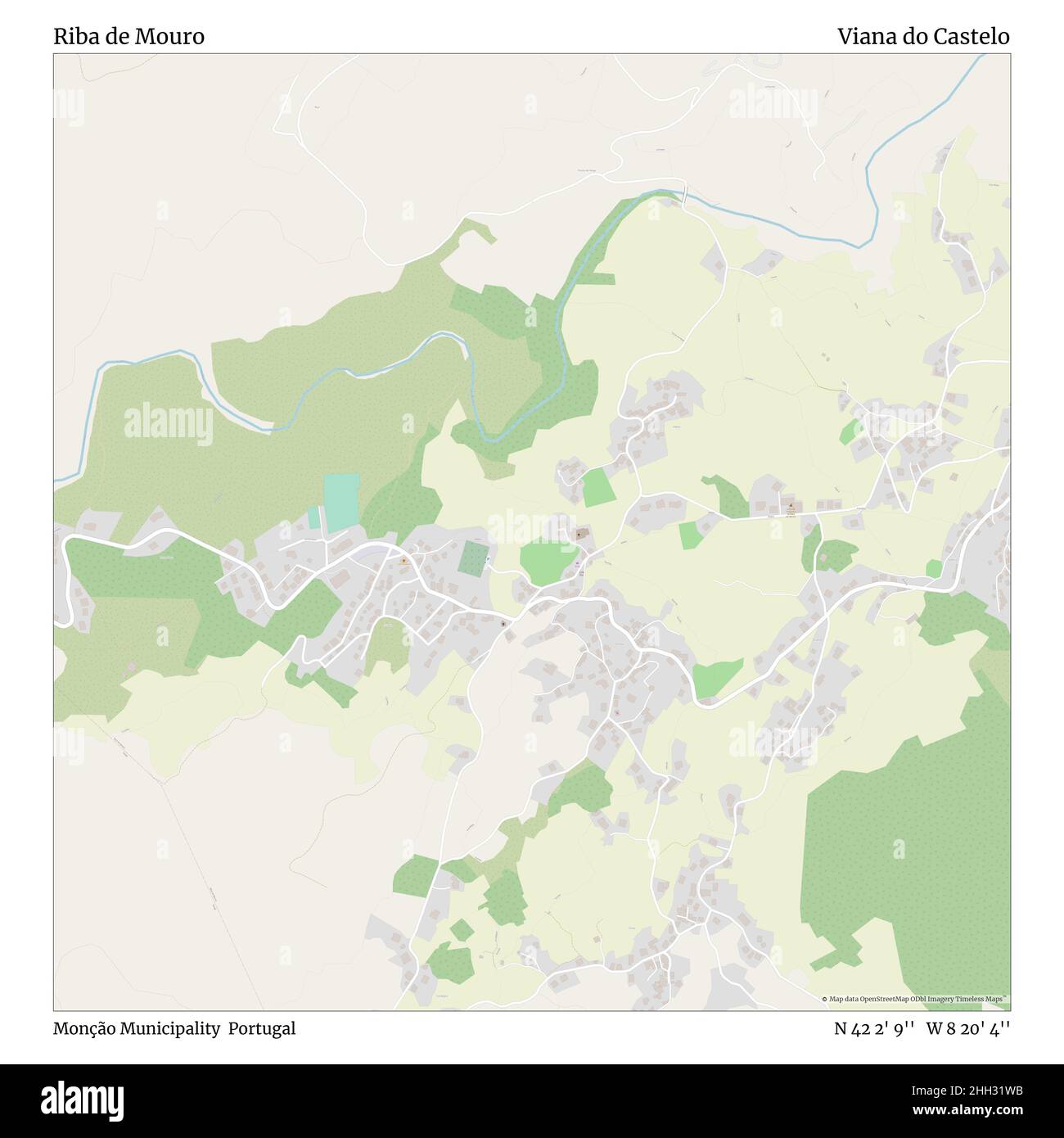 Riba de Mouro, Monção Municipality, Portugal, Viana do Castelo, N 42 2' 9'', W 8 20' 4'', map, Timeless Map published in 2021. Travelers, explorers and adventurers like Florence Nightingale, David Livingstone, Ernest Shackleton, Lewis and Clark and Sherlock Holmes relied on maps to plan travels to the world's most remote corners, Timeless Maps is mapping most locations on the globe, showing the achievement of great dreams Stock Photo