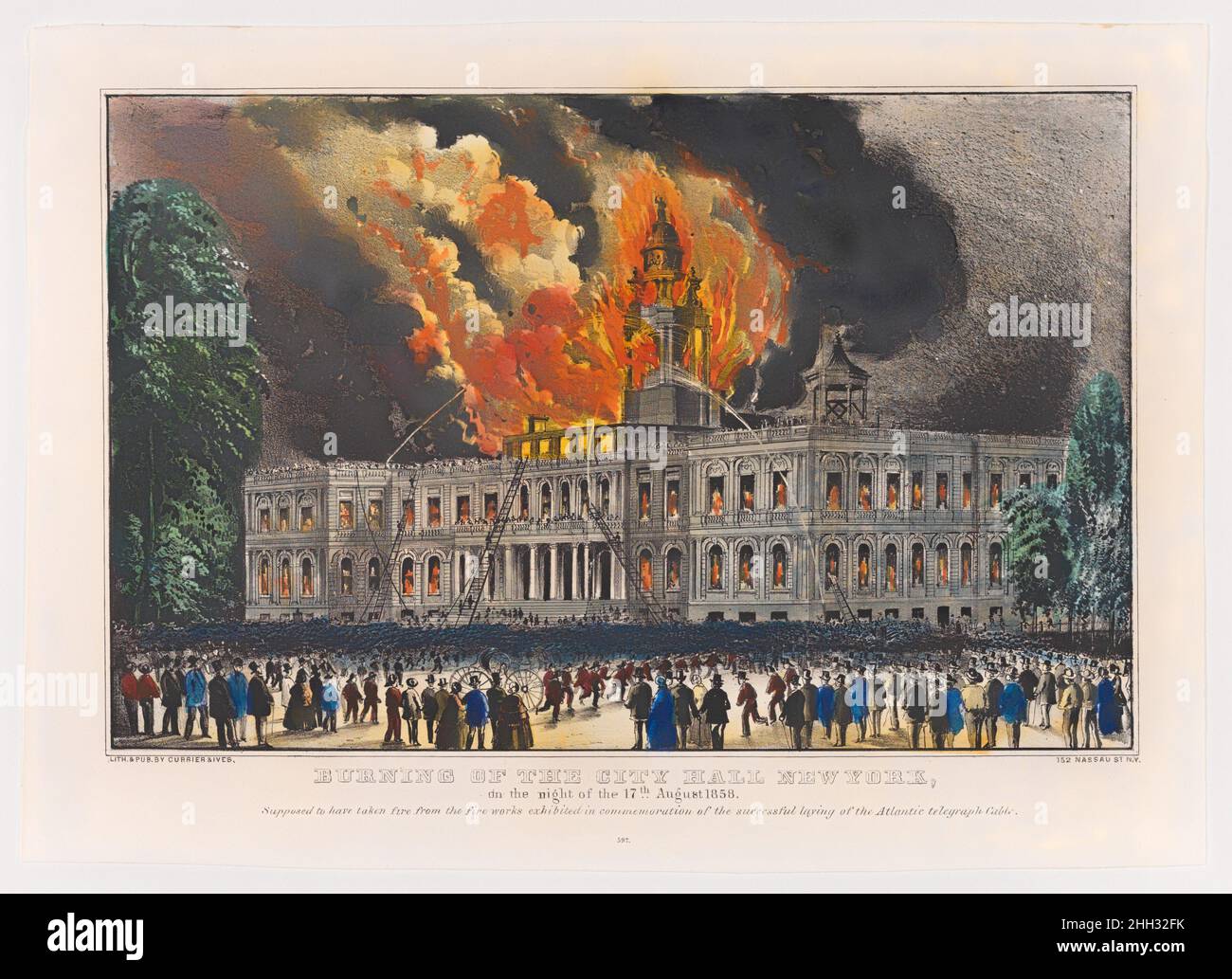 Burning of the City Hall New York, on the night of the 17th August 1858 – Supposed to have taken fire from the fire works exhibited in commemoration of the successful laying of the Atlantic telegraph cable 1858 Lithographed and published by Currier & Ives American A fireworks display in 1858 led to the near destruction of New York’s City Hall. The occasion was the laying of the first transatlantic telegraph cable. When the USS Niagara arrived in Brooklyn from Newfoundland, where the cable came ashore in North America, New York responded by illuminating public buildings and shooting pyrotechnic Stock Photo