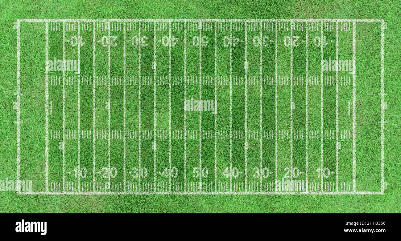 American football field, stripe grass with white pattern lines. Top view Stock Photo