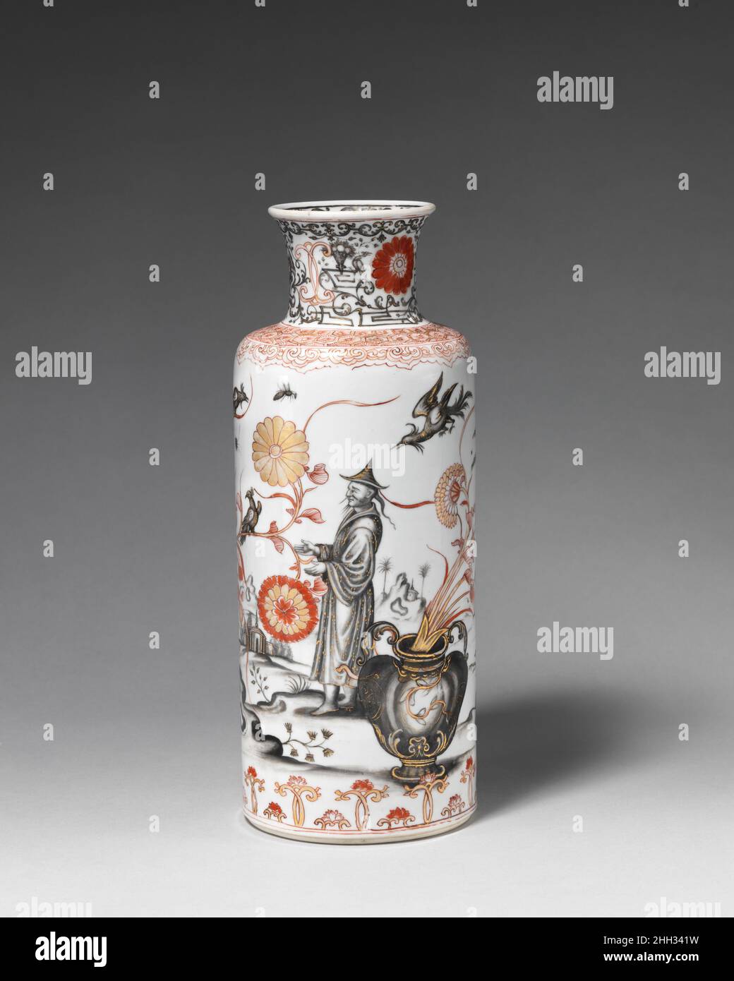 Vase (one of a pair) early 18th century, decoration ca. 1729–32 Decorated by the Hausmaler Ignaz Preissler This Chinese vase was initially decorated in red enamel and gilding, but after it was exported to Europe additional decoration in black enamel and gold was applied by Ignaz Preissler (1676–1753). The depiction of “Chinese” figures is typical of chinoiserie, a term used to describe the European fascination with the peoples of Asia and their fanciful evocation in European decorative arts.. Vase (one of a pair). Chinese with Bohemian, Kronstadt decoration. early 18th century, decoration ca. Stock Photo