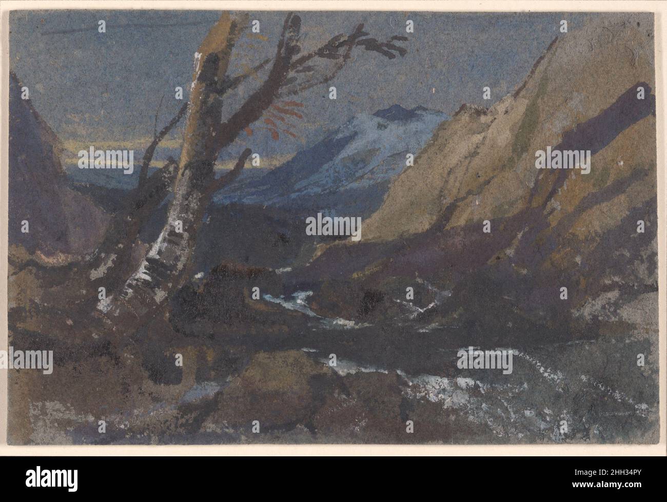 Study of Trees by a Mountain Stream 1833–45 William James Müller A leader of the Bristol School, Müller’s life was cut short by illness at the height of his powers. Influenced by the expressive naturalism of John Sell Cotman, whose works he studied in the collection of a friend, the Rev. James Bulwer, Müller sketched out of doors in all weathers. In the 1830s he traveled to Europe and the Middle East, but likely found the present subject closer to home. The mountains of Wales were not far from Bristol, and Muller visited them in the winter of 1842 and autumn of 1843. The sparse leaves clinging Stock Photo