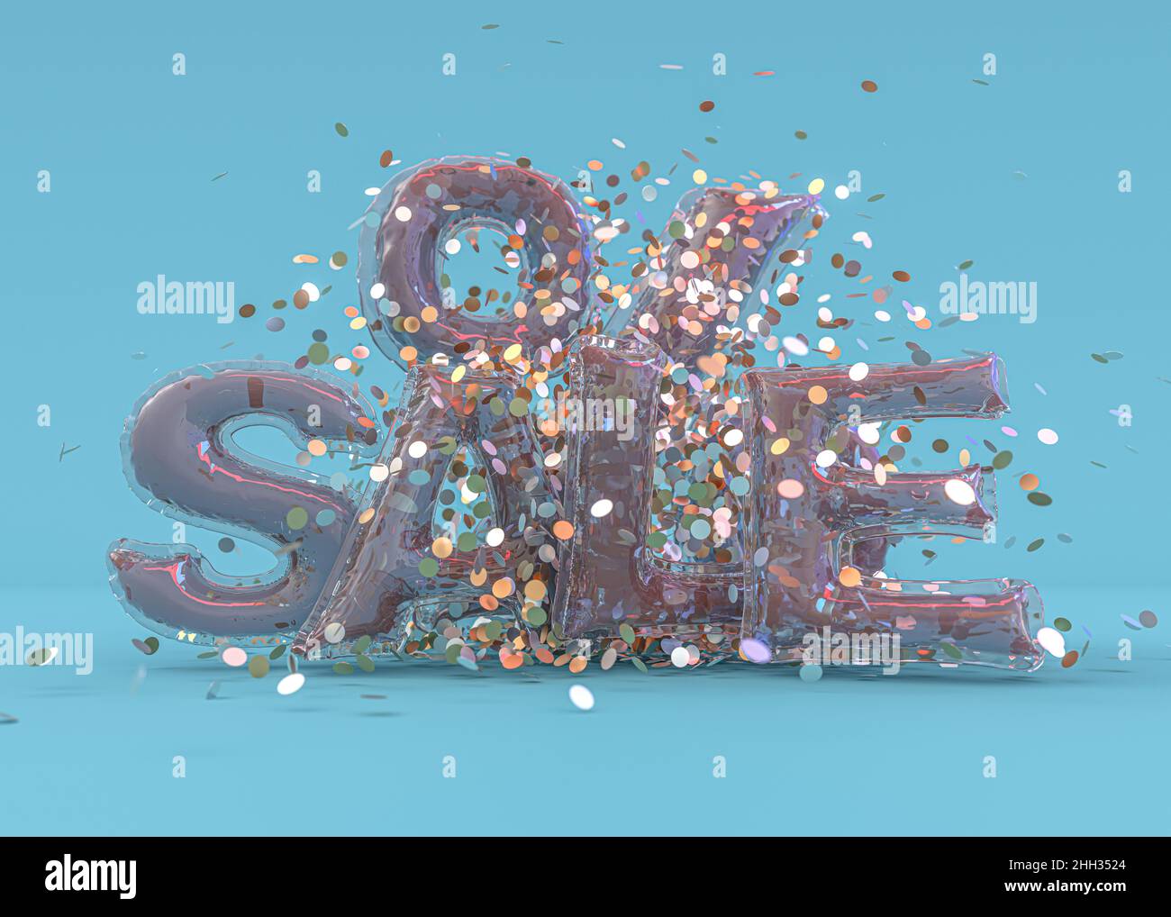 Words Sale made of inflatable balloons on blue background with glitter. 3D rendering Stock Photo