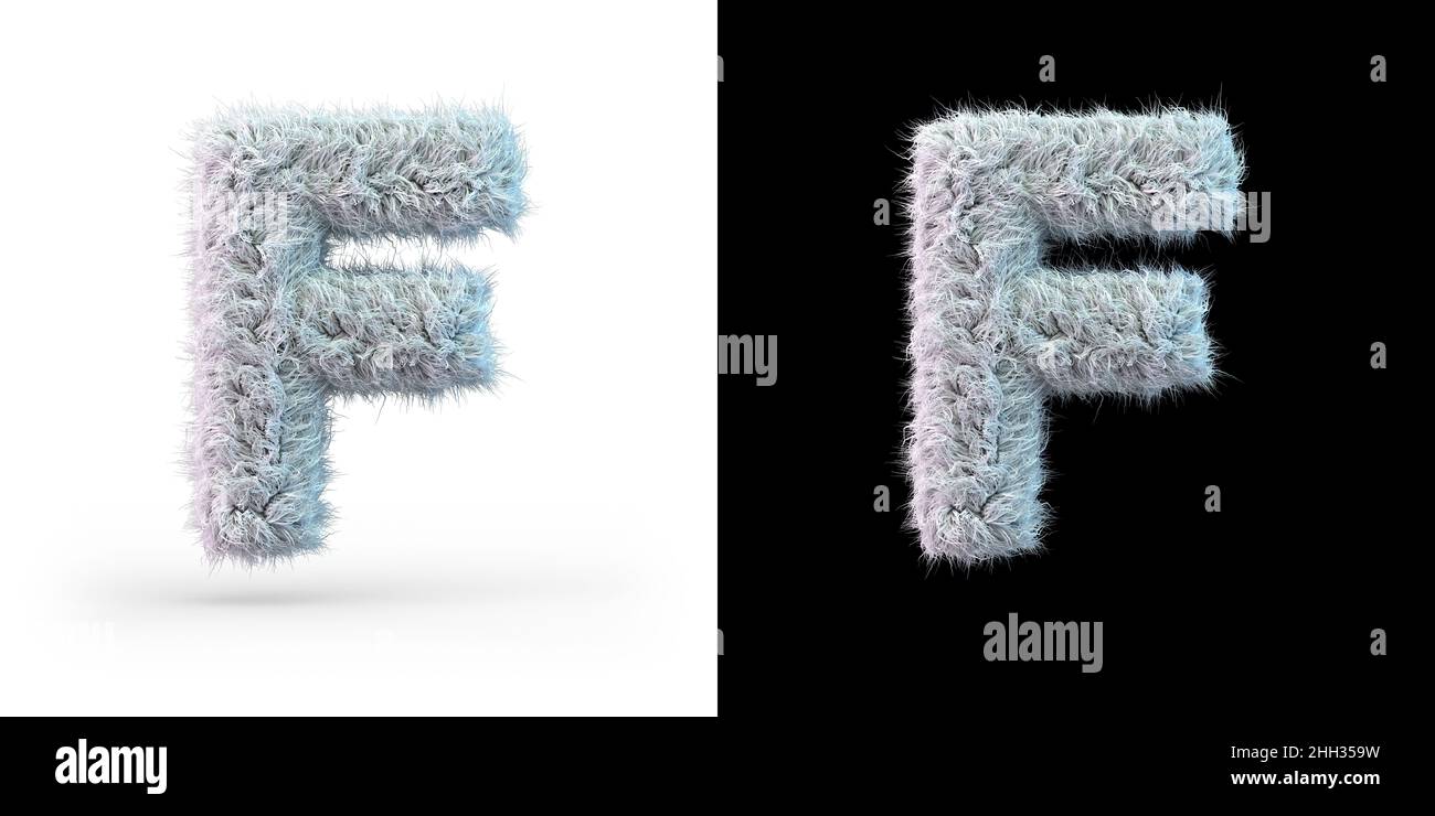 Capital letter F. Uppercase. White fluffy font on black and white background. 3D rendering Stock Photo