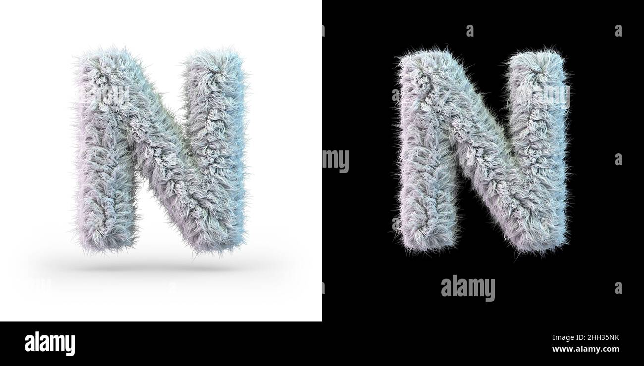 Capital letter N. Uppercase. White fluffy font on black and white background. 3D rendering Stock Photo