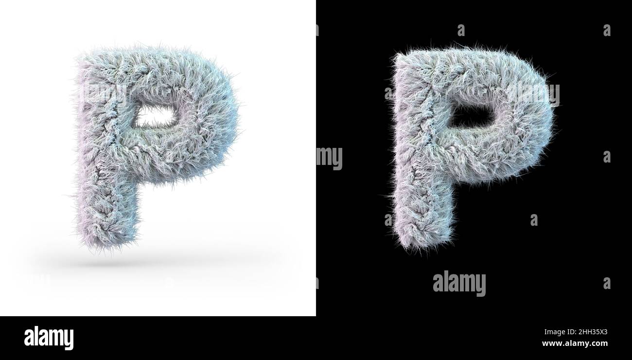 Capital letter P. Uppercase. White fluffy font on black and white background. 3D rendering Stock Photo