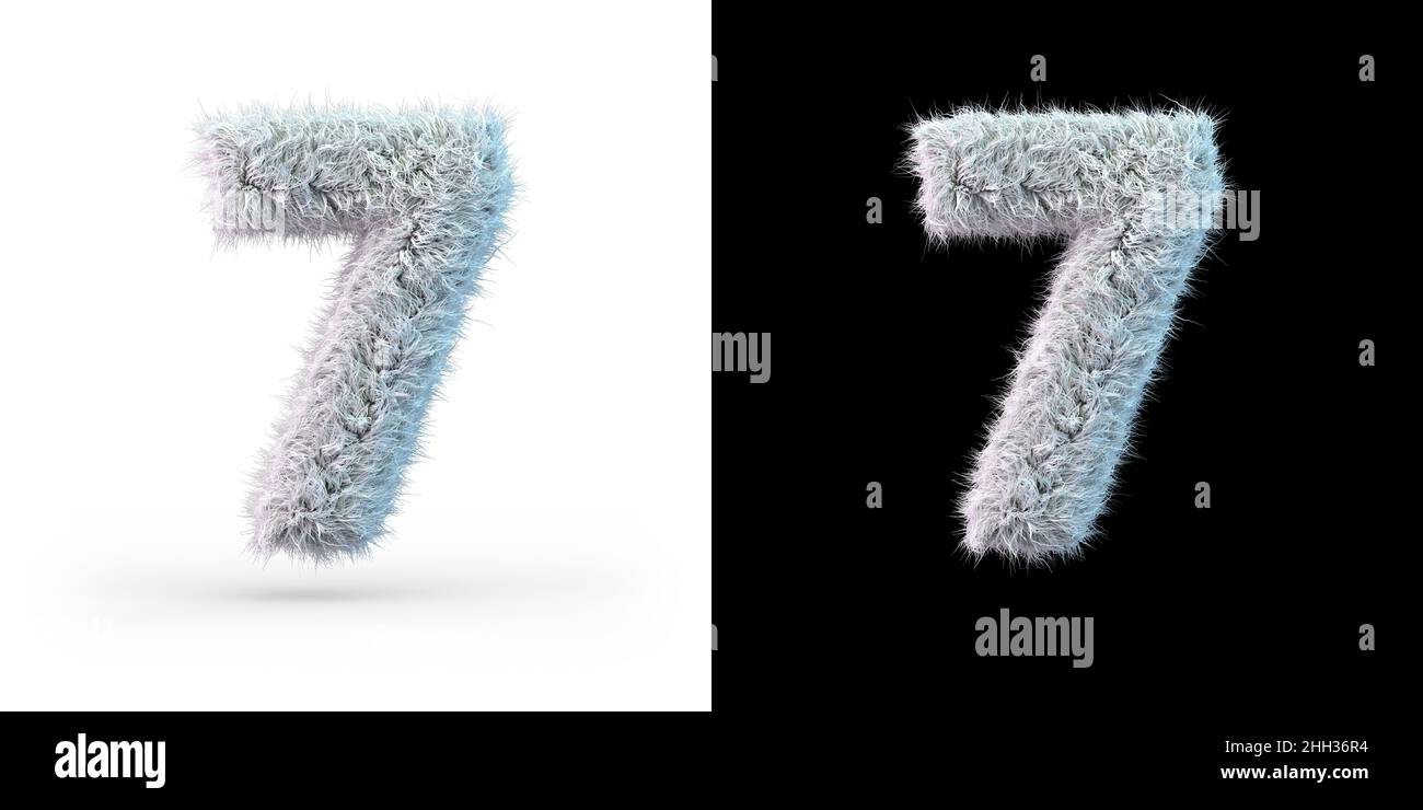 Number 7. Digital sign. White fluffy font on black and white background. 3D rendering Stock Photo