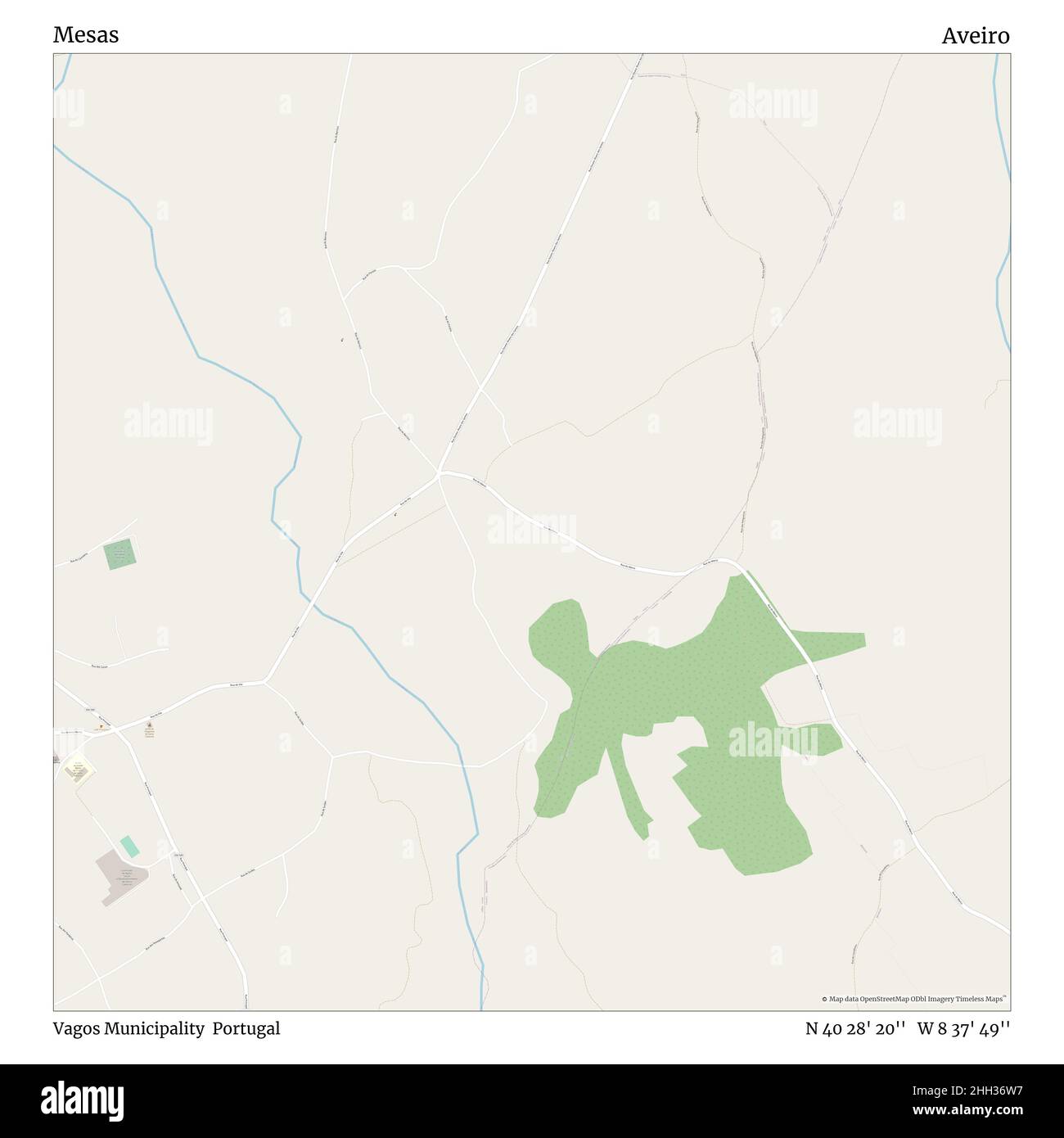 Mesas, Vagos Municipality, Portugal, Aveiro, N 40 28' 20'', W 8 37' 49'', map, Timeless Map published in 2021. Travelers, explorers and adventurers like Florence Nightingale, David Livingstone, Ernest Shackleton, Lewis and Clark and Sherlock Holmes relied on maps to plan travels to the world's most remote corners, Timeless Maps is mapping most locations on the globe, showing the achievement of great dreams Stock Photo