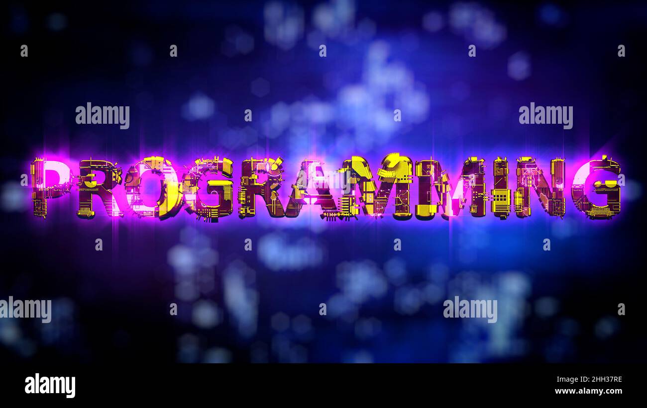 Programming glowing purple - yellow neon text in cyberpunk style - industrial 3D illustration Stock Photo