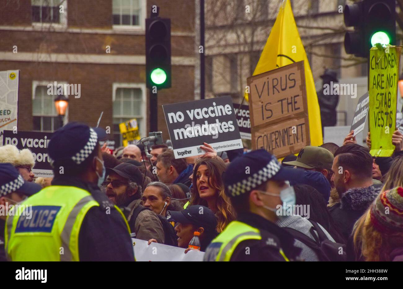 London, UK 22nd January 2022. Protesters outside Downing Street. Thousands of people marched through Central London in protest against mandatory vaccines for NHS staff, face masks, covid vaccines, vaccination passports and various other grievances fuelled by conspiracy theories. Stock Photo