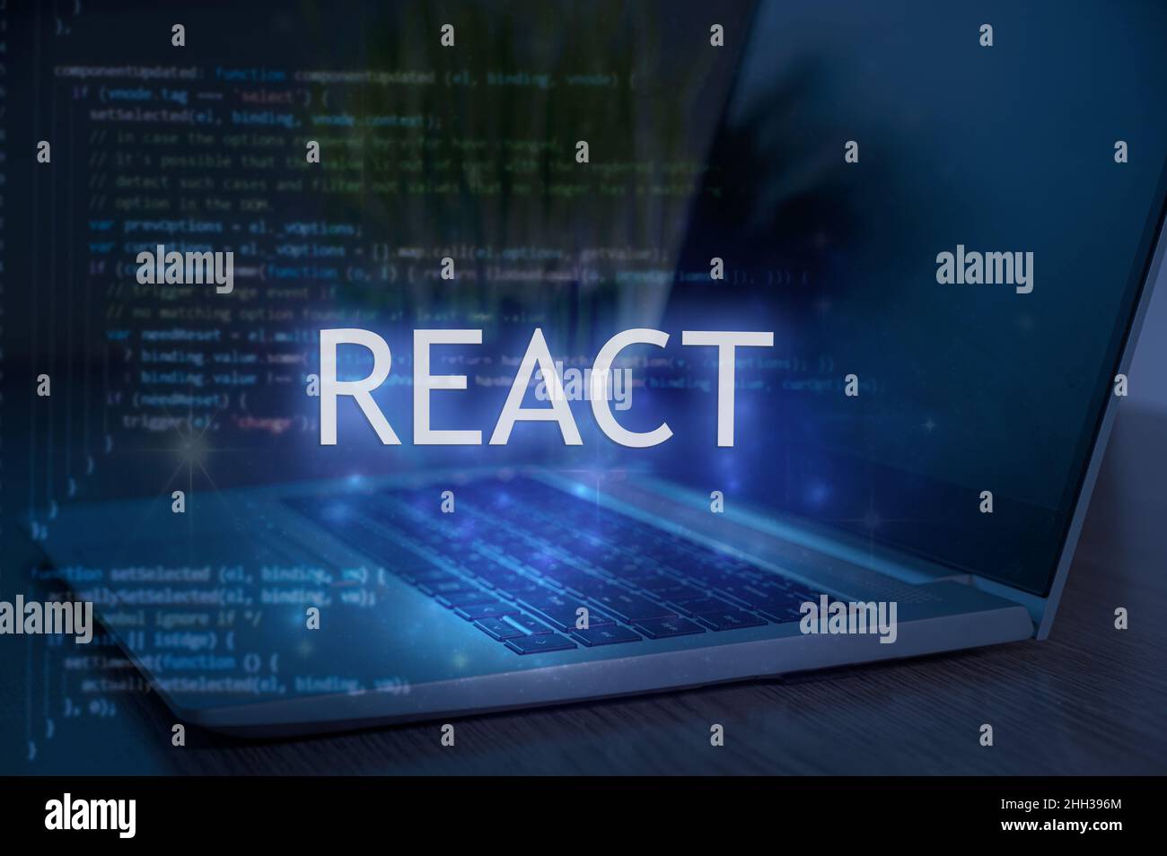 React inscription against laptop and code background. Technology concept.  Learn react programming language, web development Stock Photo - Alamy
