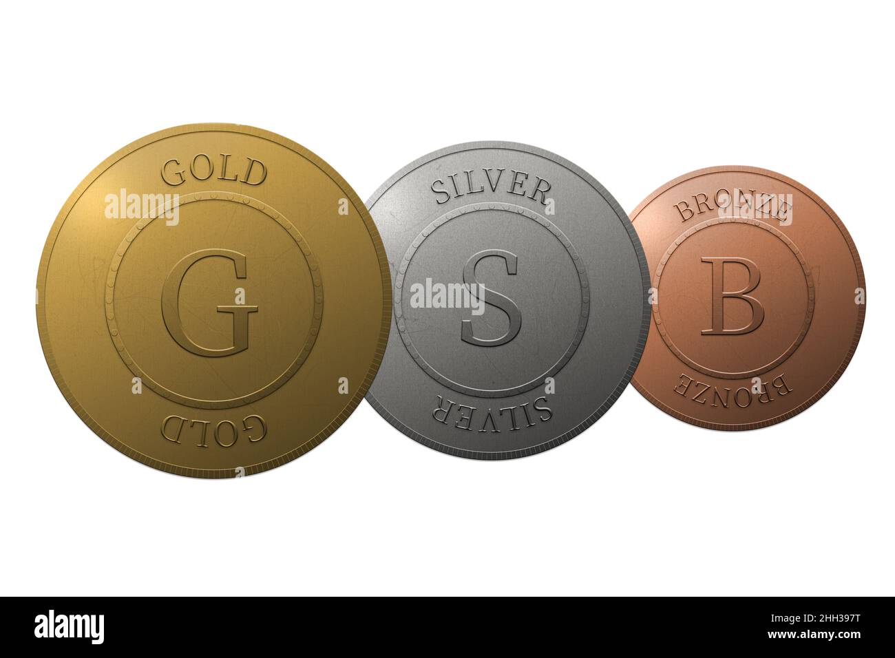 Gold, silver and bronze medals isolated on white. Round golden, silver and bronze medals with text on white background. Stock Photo