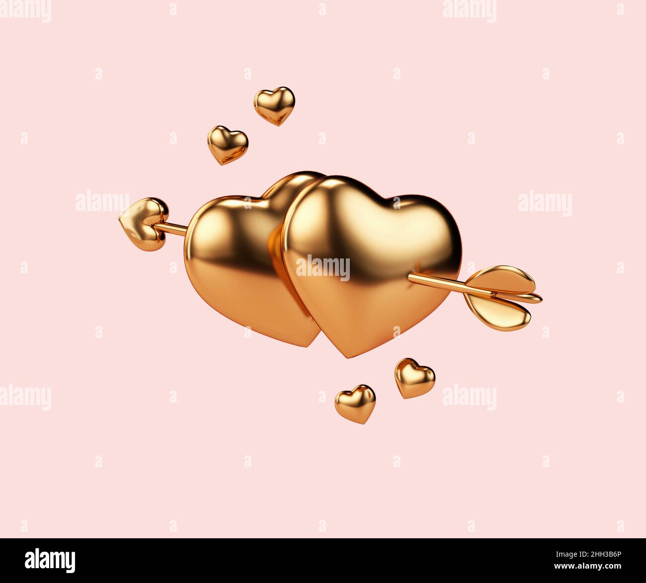 Two golden hearts pierced by an arrow isolated on a pink background in ...