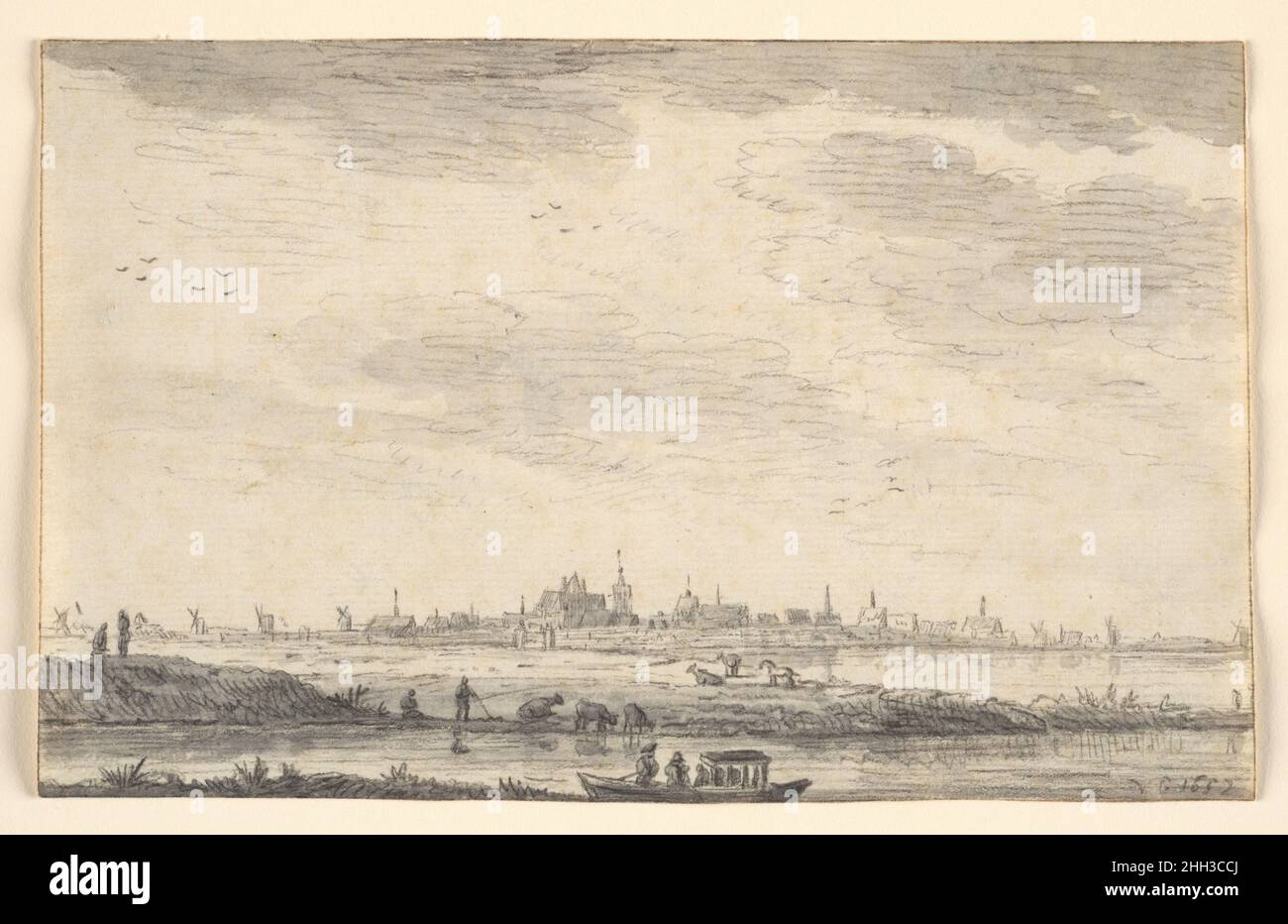 Distant Town Seen across Water and Fields 1652 Style of Jan van Goyen ...