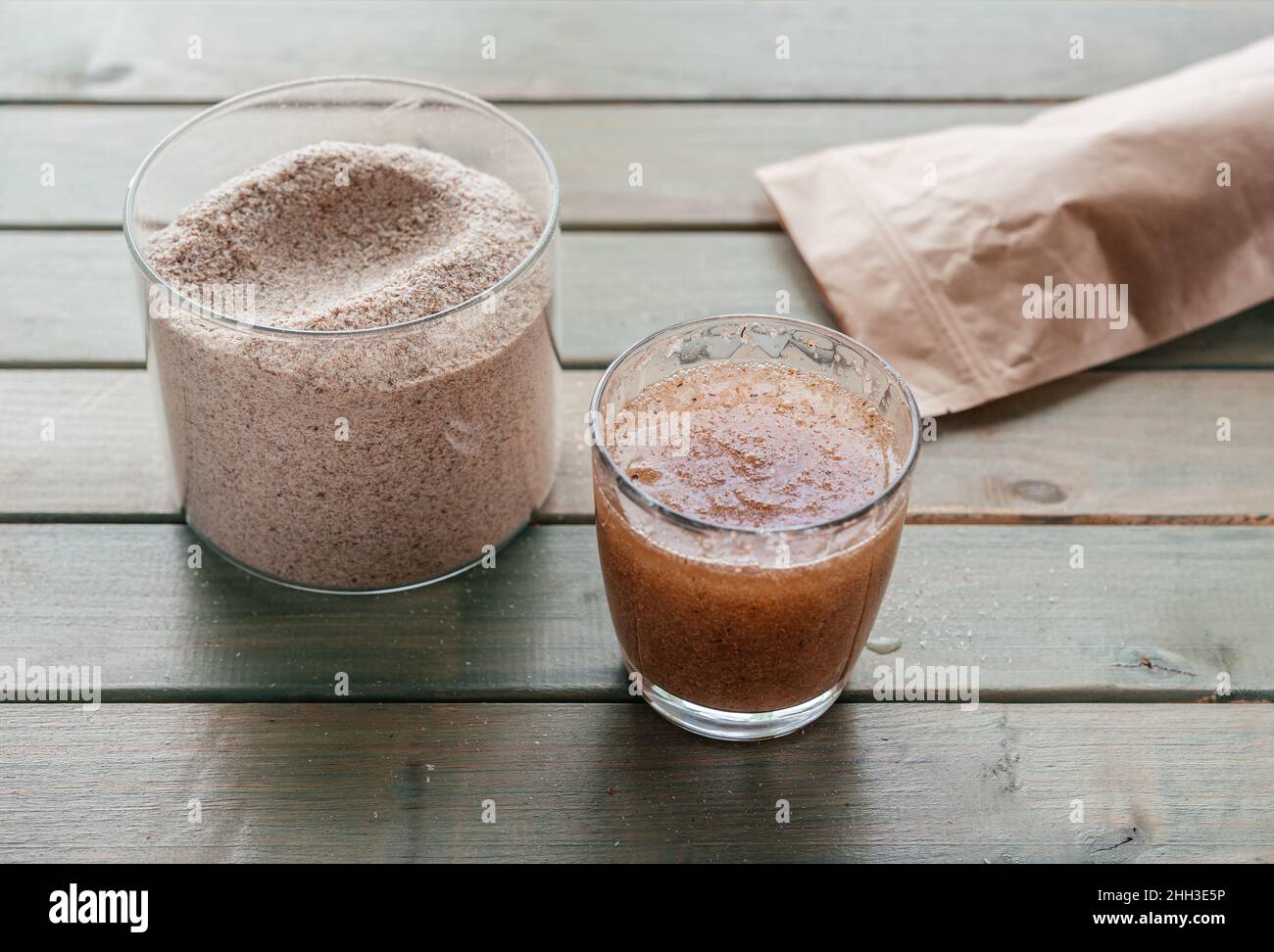 A glass of water soluble psyllium husk dietary fiber supplement, healthy diet morning routine Stock Photo