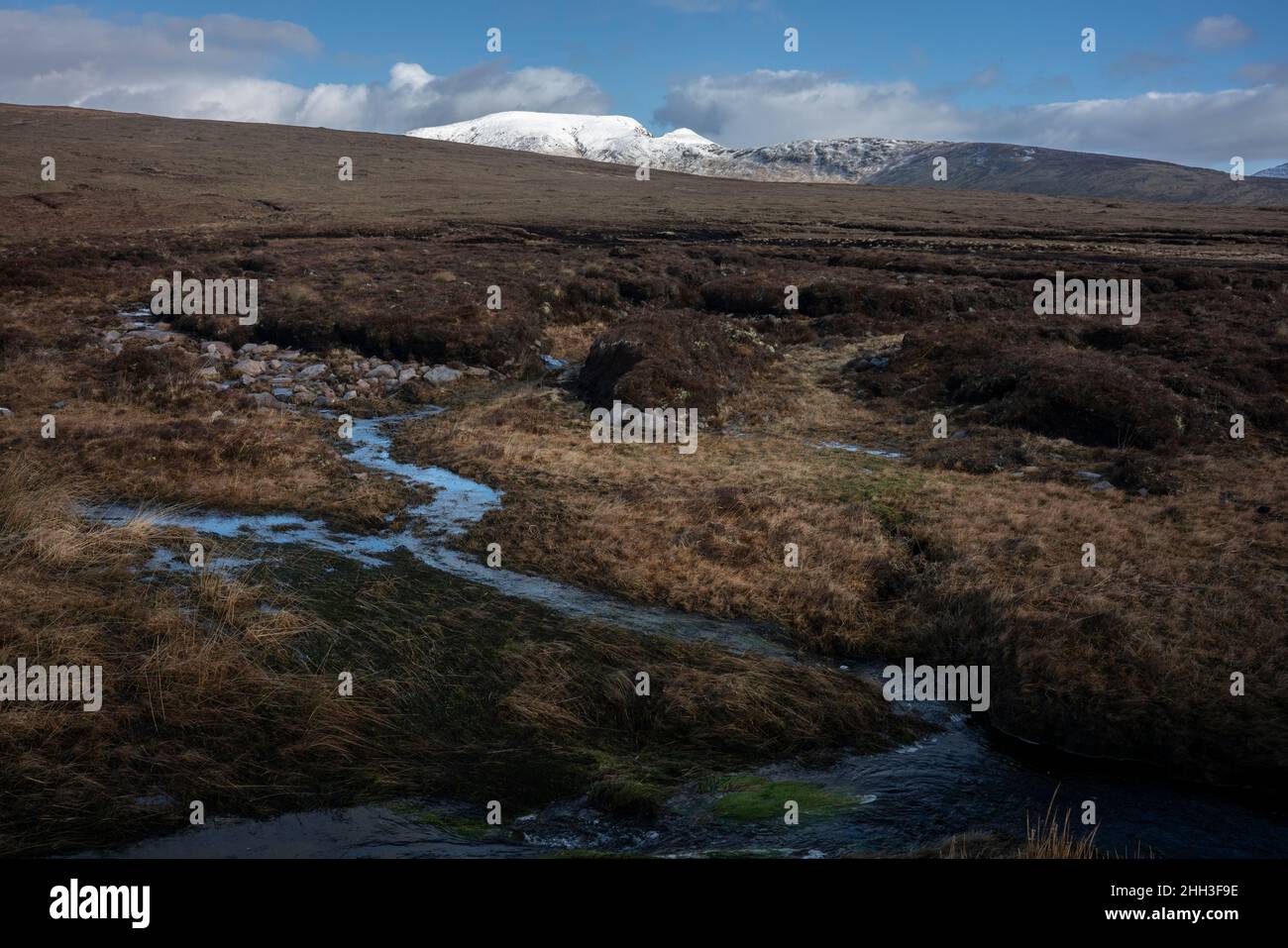 Wet bogland at the edge of Wild Nephin National Park in Ireland. It is located on the western seaboard in Northwest Mayo. Stock Photo